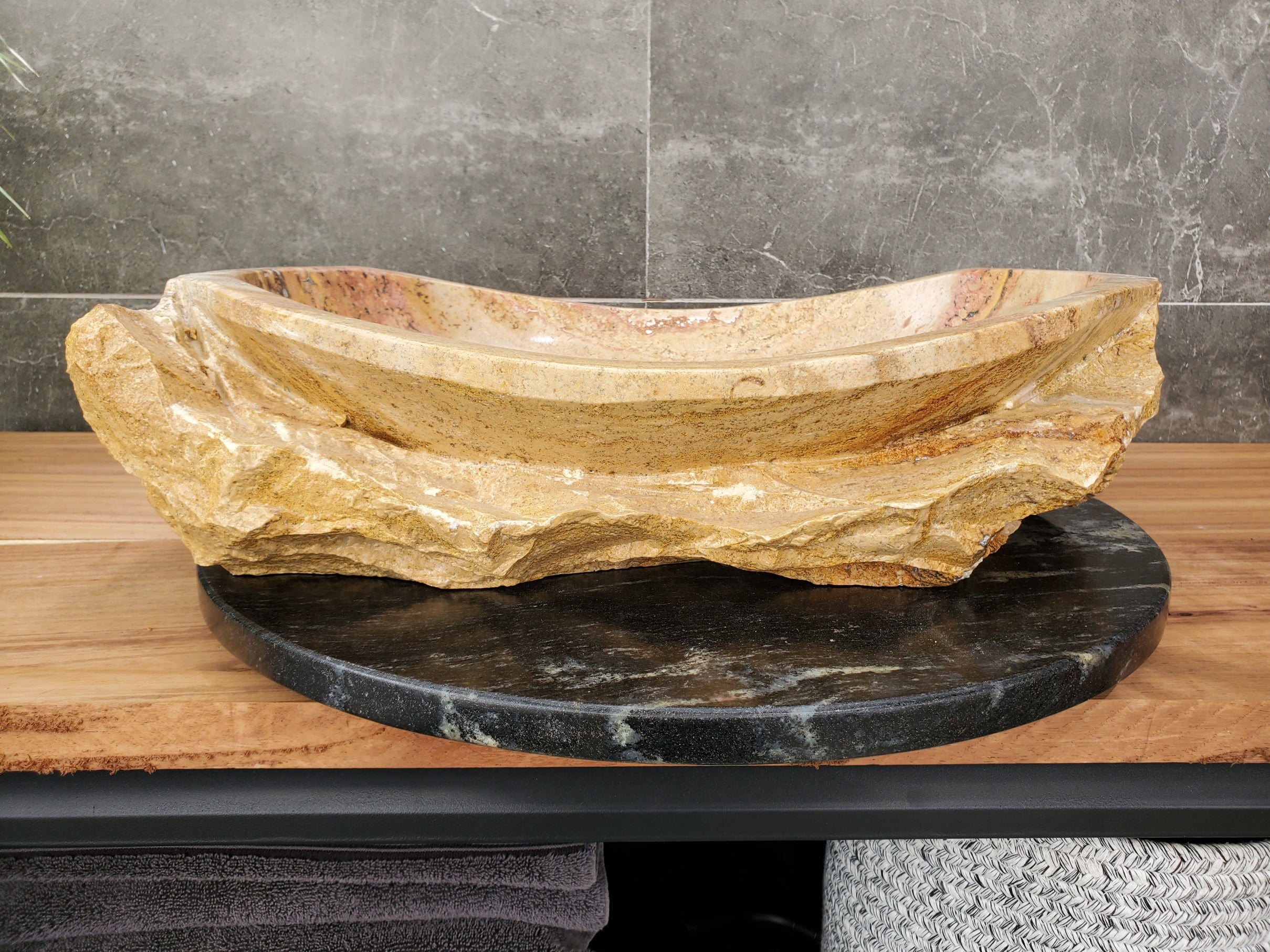 S31_35 Oval Travertine Chiseled Vessel Bathroom Sink