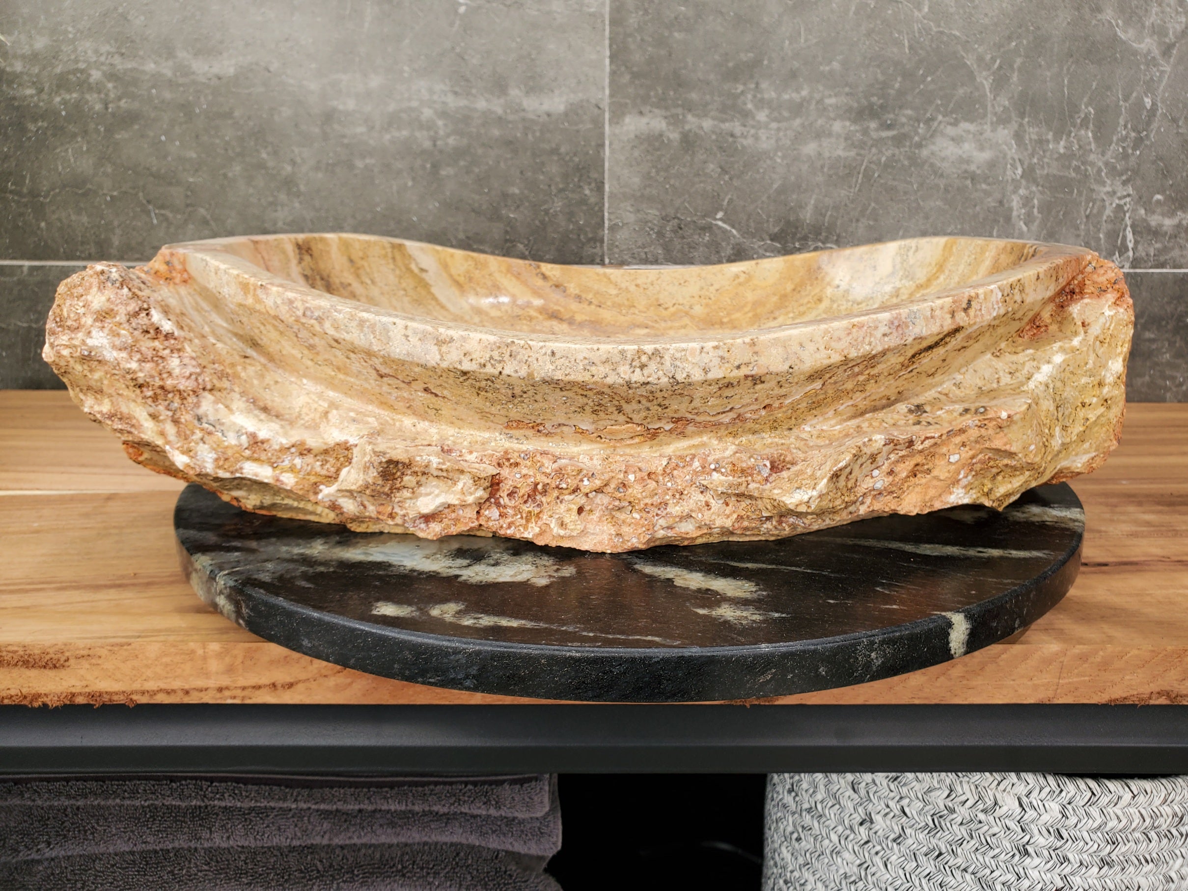 S31_35 Oval Travertine Chiseled Vessel Bathroom Sink