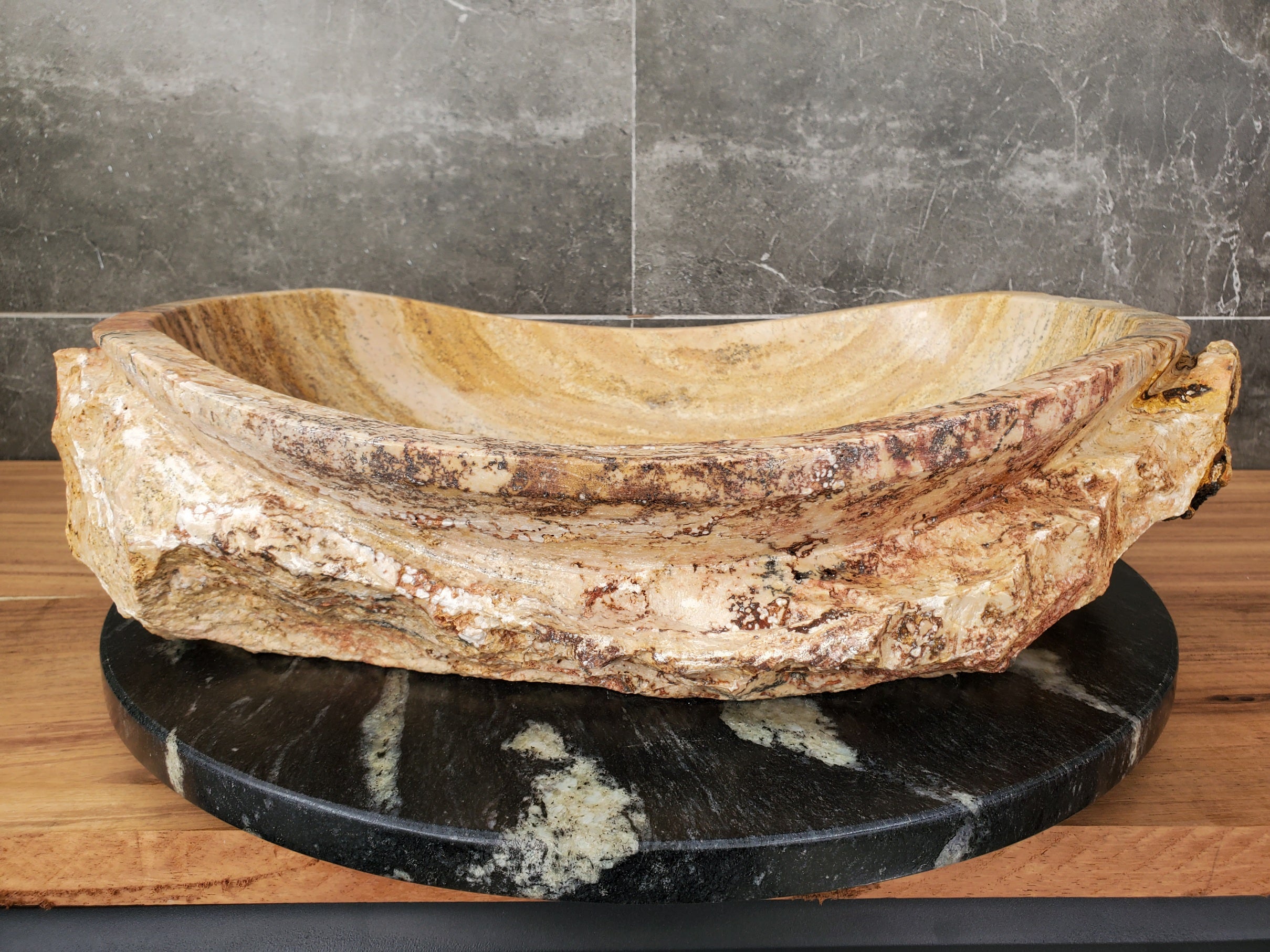 S31_34 Oval Travertine Chiseled Vessel Bathroom Sink - 20 x 14 inch