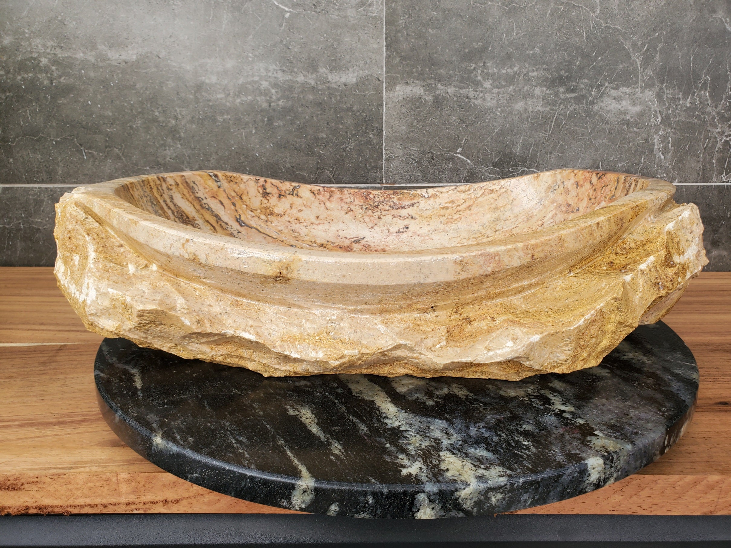 S31_34 Oval Travertine Chiseled Vessel Bathroom Sink - 20 x 14 inch