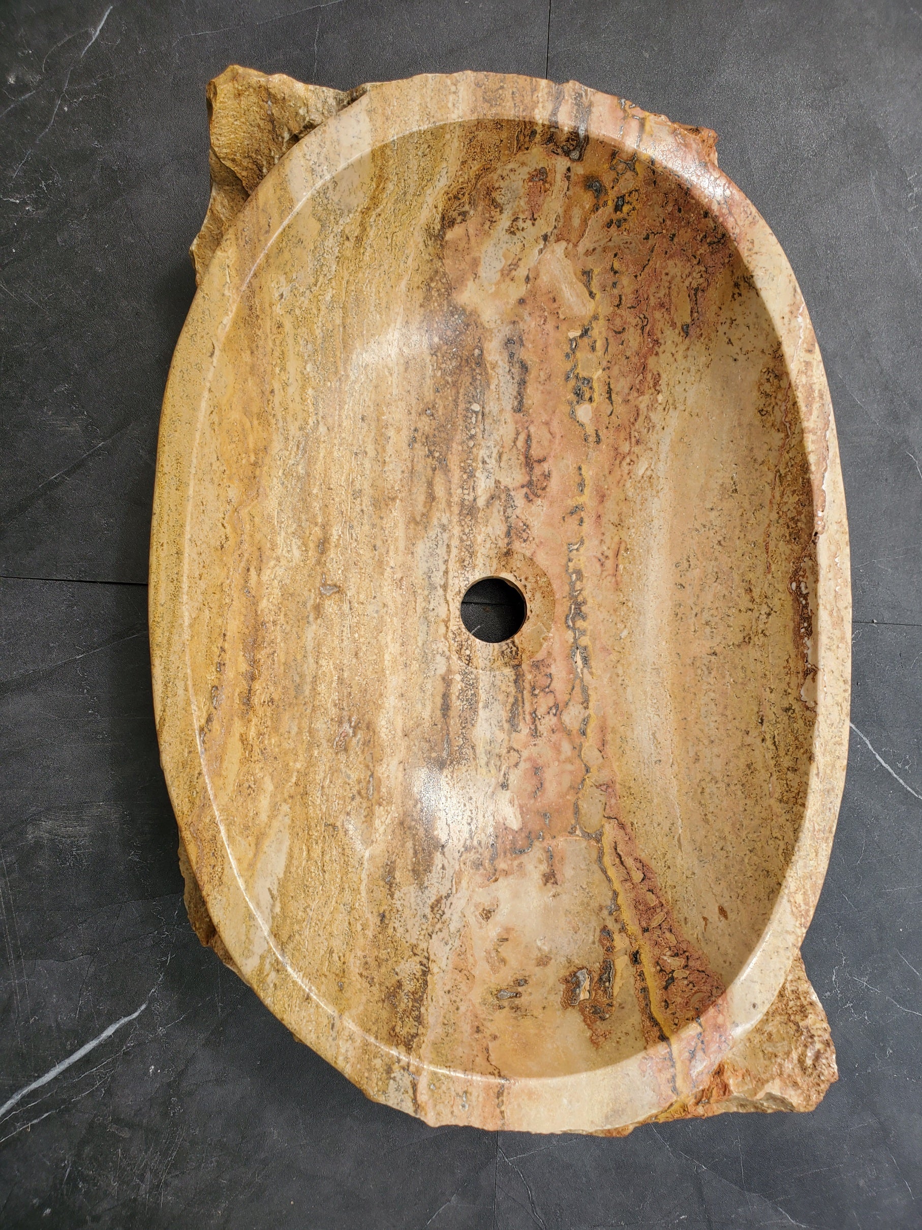S31_35 Oval Travertine Chiseled Vessel Bathroom Sink