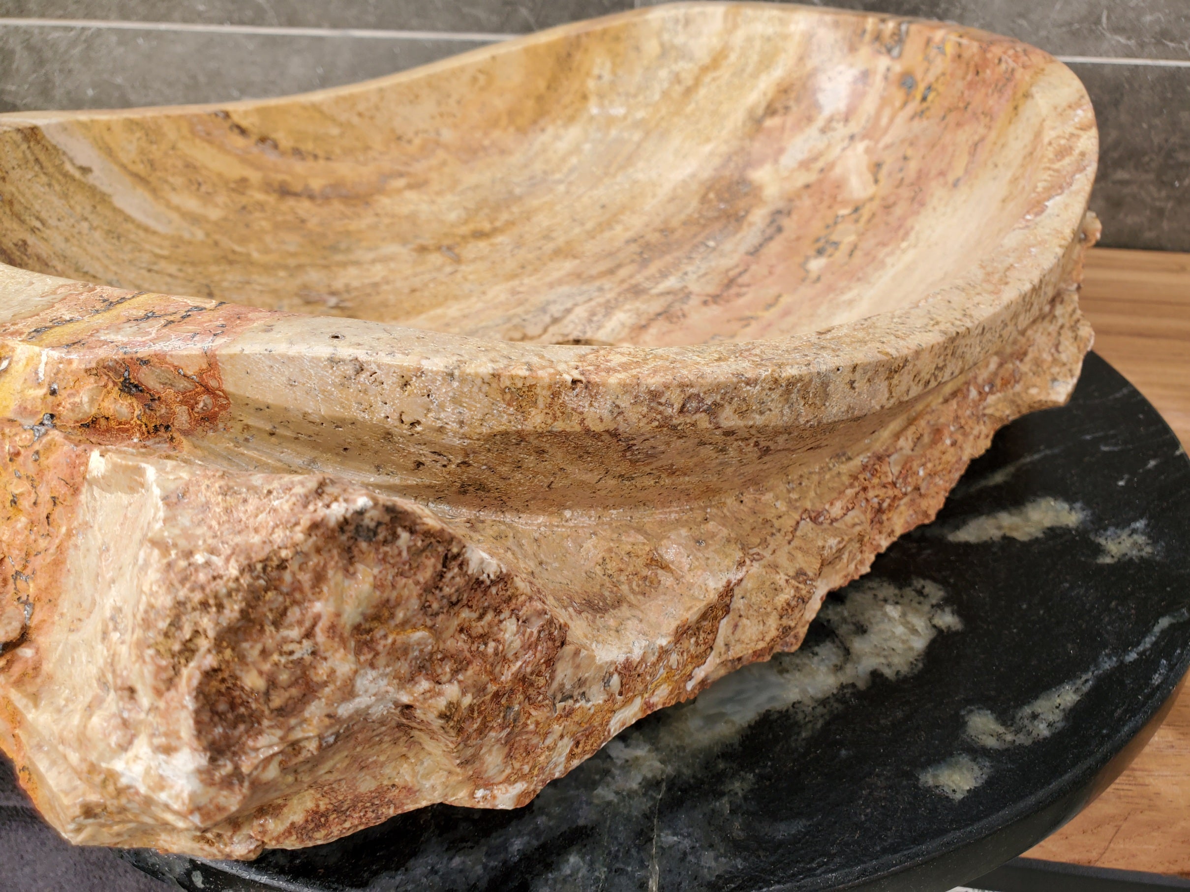 S31_35 Oval Travertine Chiseled Vessel Bathroom Sink