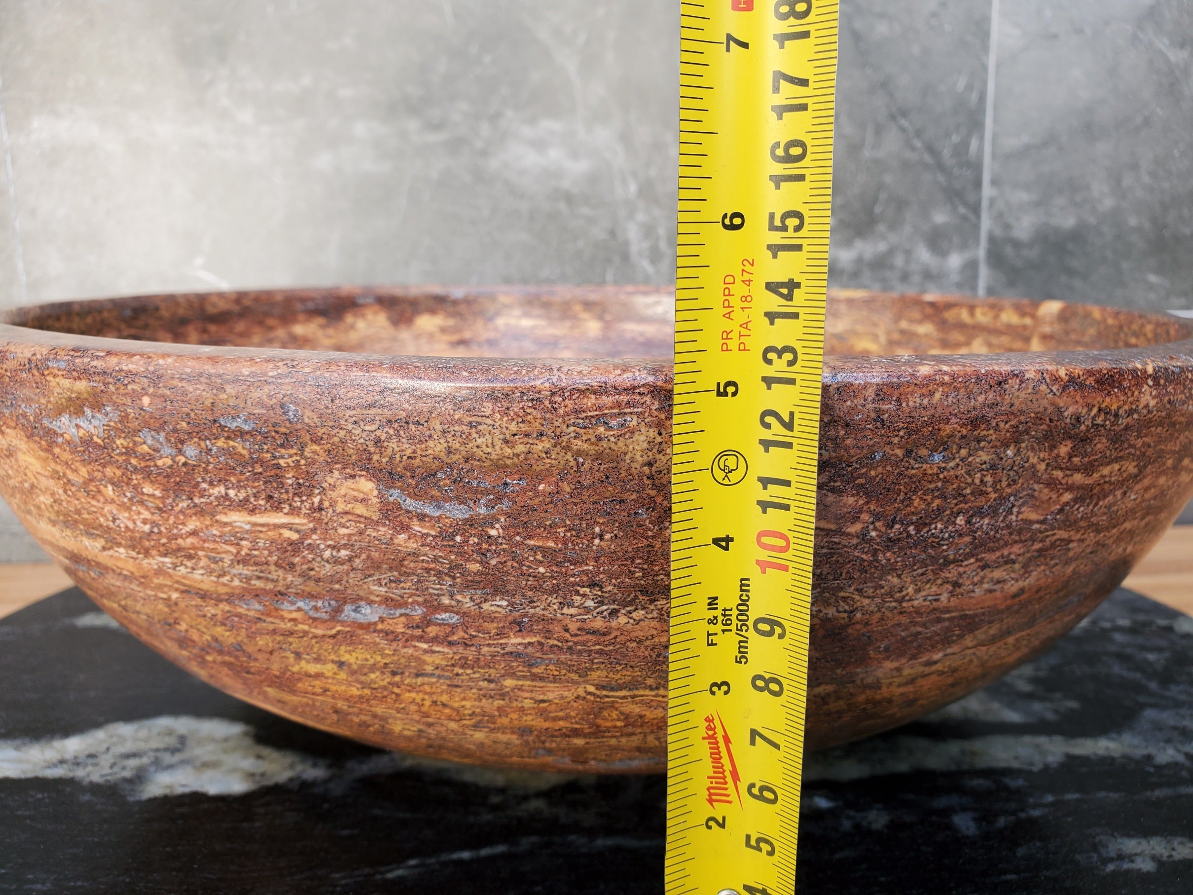 S29_14 Red Travertine Stone Vessel Bathroom Sink - Round