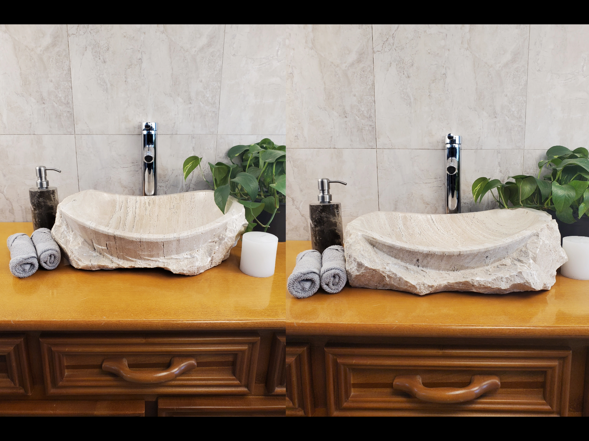 SET1023 Oval Travertine Limestone Vessel Sink Set