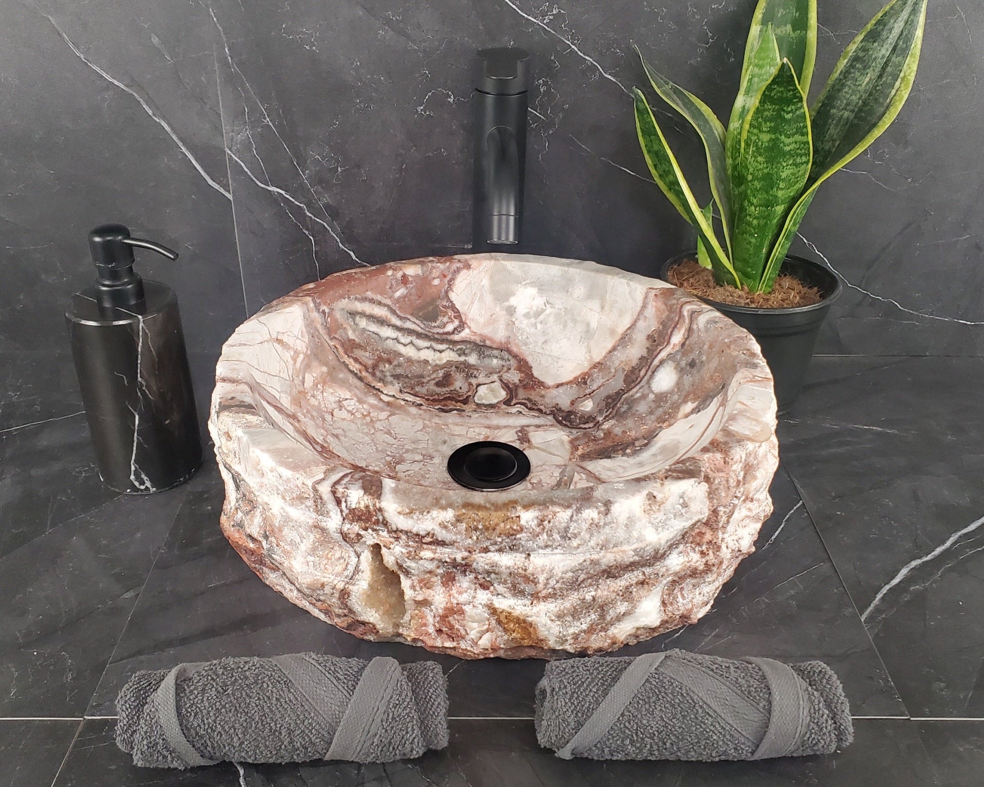 SET1017 Serpentina Onyx Stone Vessel Sink Pair (Round)