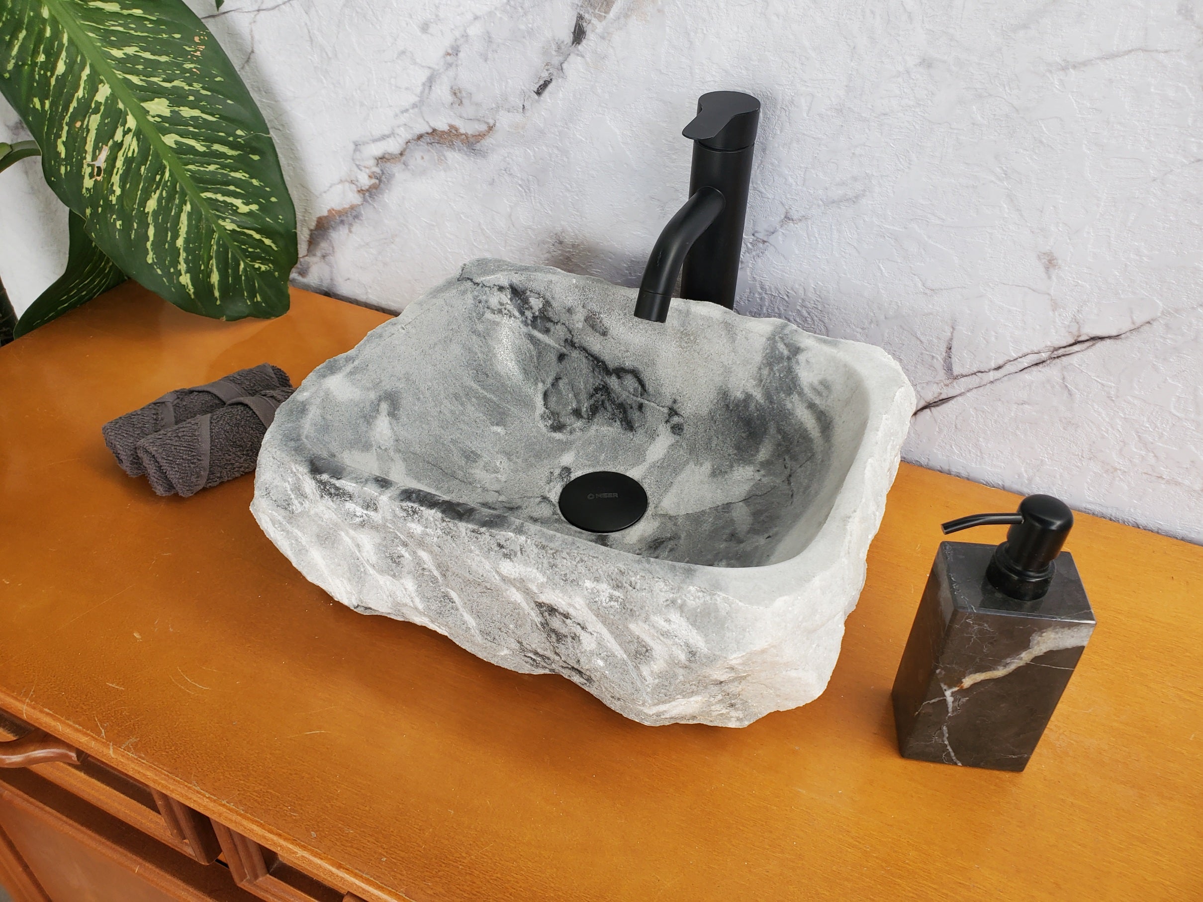 S36_03 Gray Marble Vessel Bathroom Sink, 14.5 x 12 Inch Bathroom Sinks Featured Marble Sinks Sinks