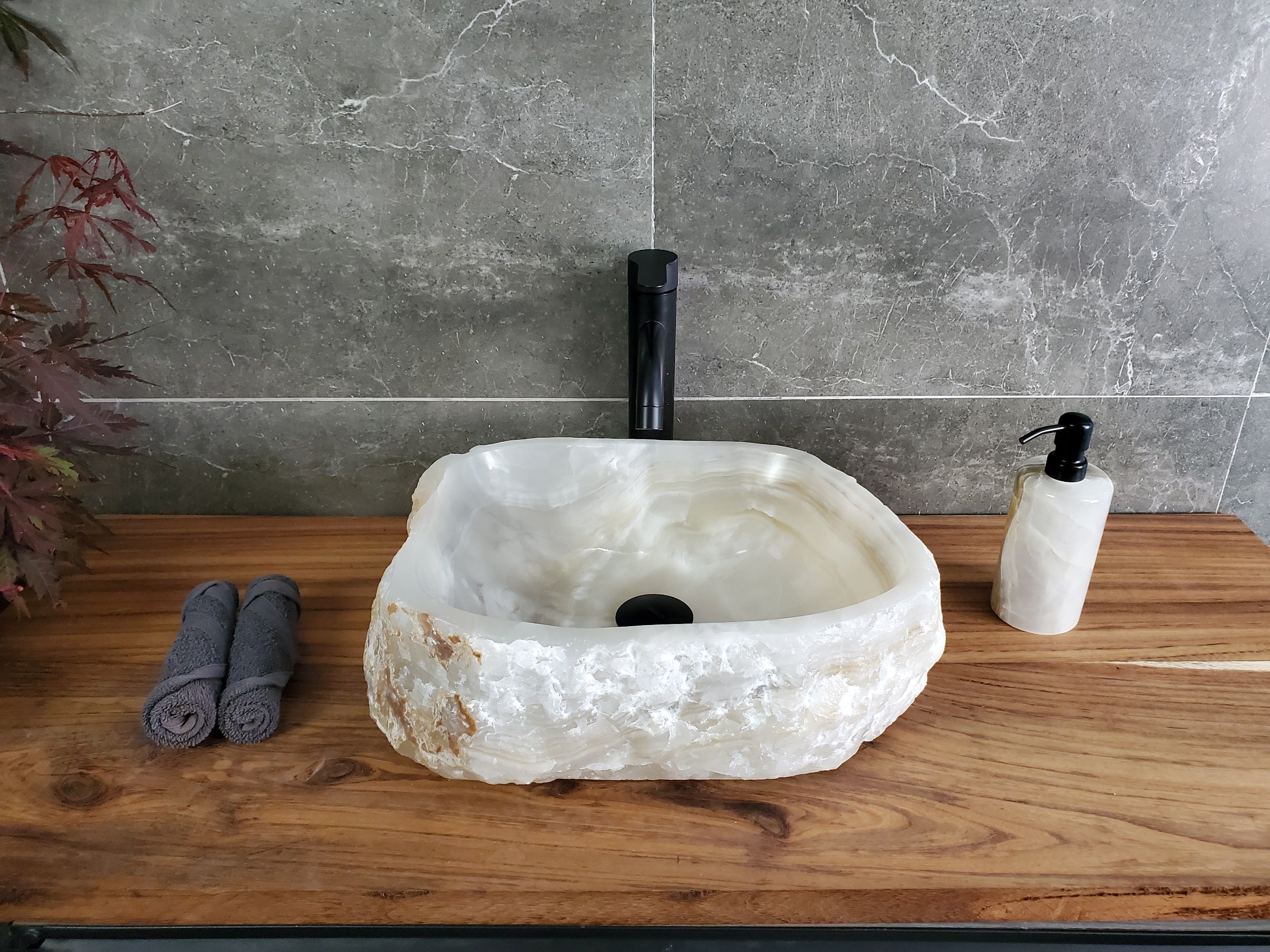 White Cream Onyx Marble Vessel Sink, Natural Stone Vanity Basin, Polished Bathroom Countertop Sink, Spa Decor 15.5x13 Inch S40_04 Bathroom Sinks Featured Onyx Sinks Sinks
