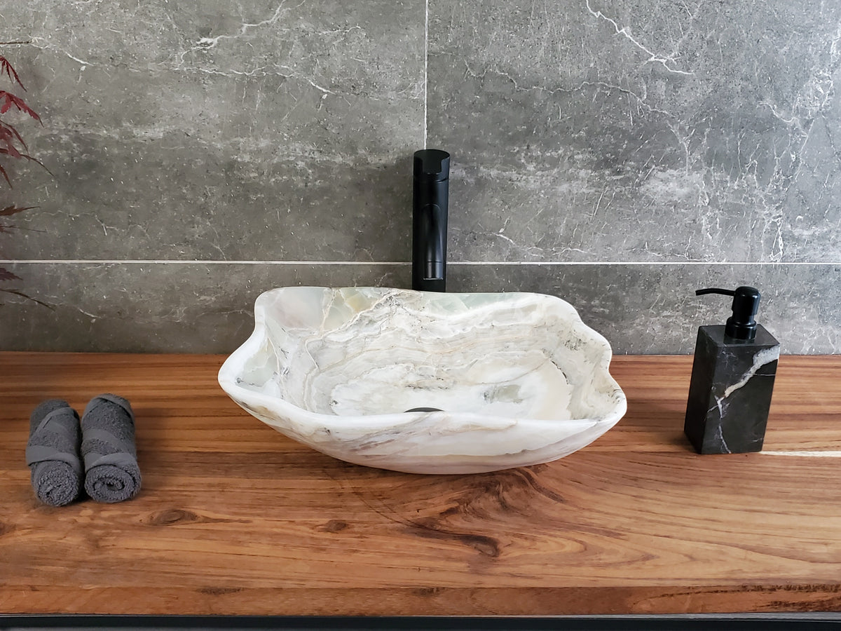 White Onyx Vessel Sink, Natural Stone Vanity Basin, Polished Bathroom Countertop Sink, Spa Decor 14x14 Inch S40_19