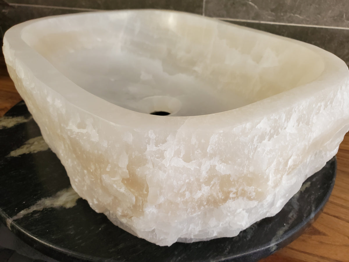 White Cream Onyx Marble Vessel Sink, 18x13 Inch Natural Stone Countertop Basin, Polished Luxury Vanity Sink, Spa Bathroom Decor S40_05 Bathroom Sinks Featured Onyx Sinks Sinks