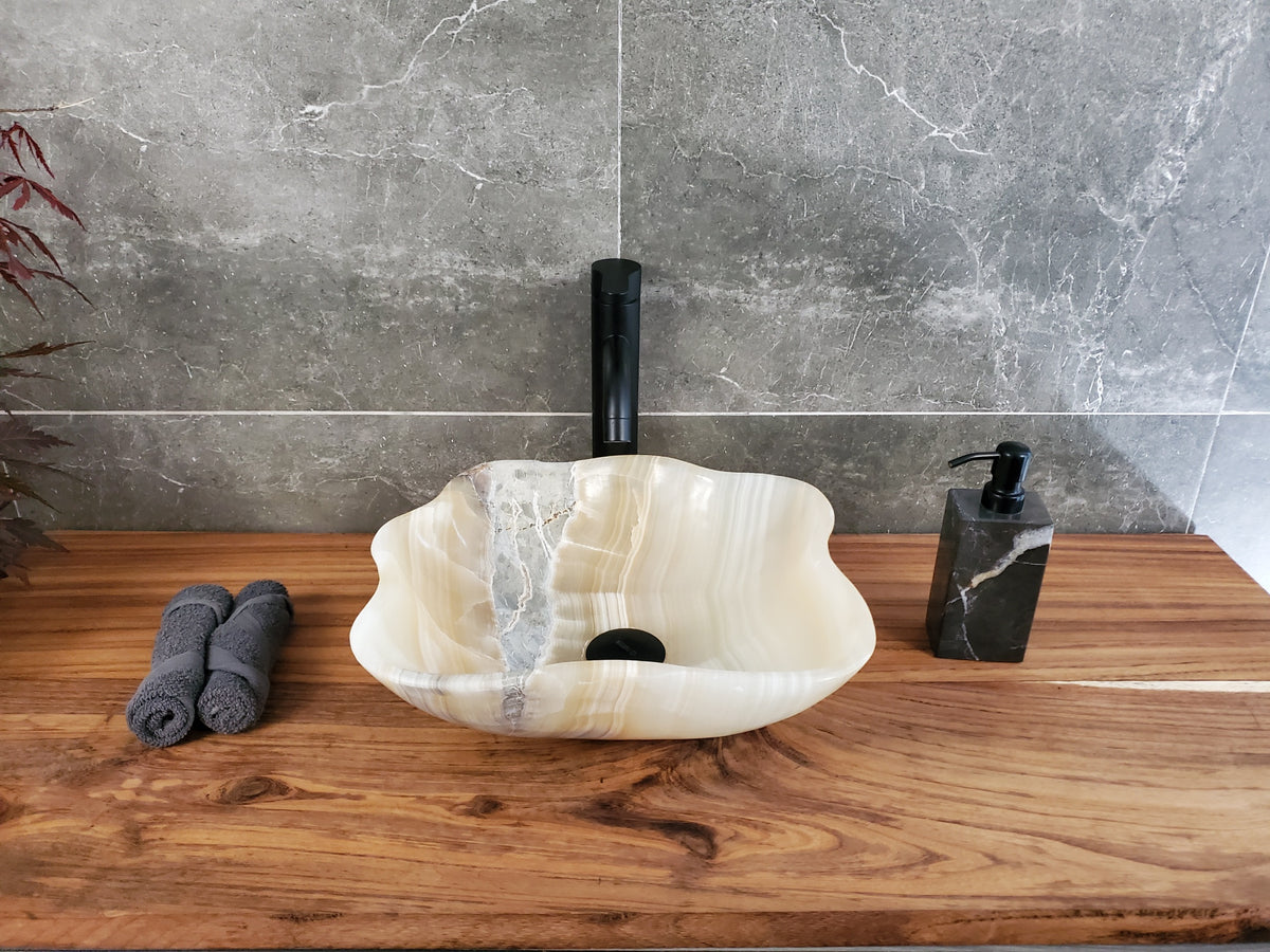White Onyx Vessel Sink – Natural Stone Countertop Sink, Polished Vanity Basin, Luxury Spa Bathroom Decor 14.5x13.5 Inch S40_16