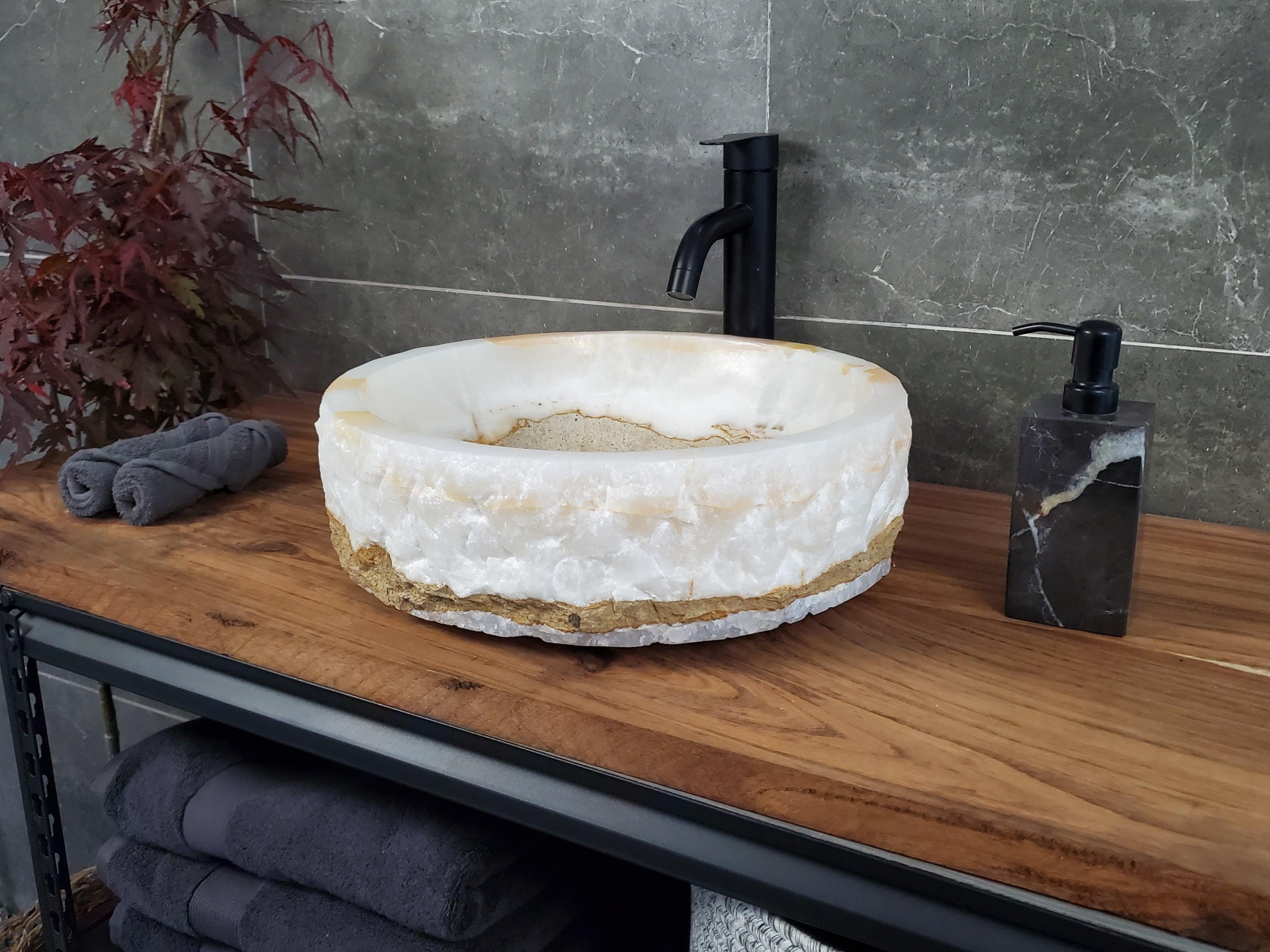 White Onyx Marble Vessel Sink – Round Natural Stone Countertop Sink, Polished Vanity Basin, Luxury Spa Bathroom Decor 16 Inch S40_06 Bathroom Sinks Featured Onyx Sinks Sinks