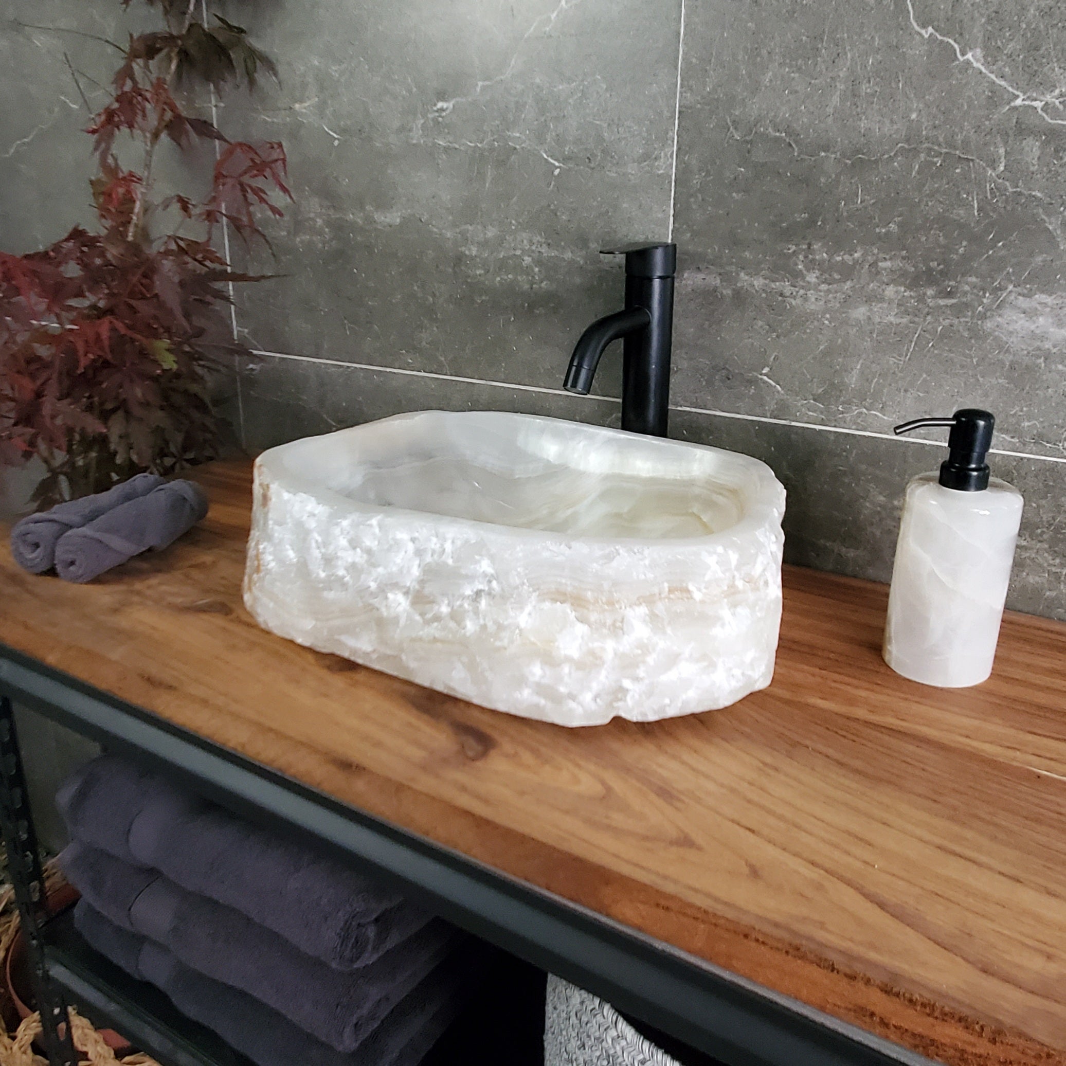 White Cream Onyx Marble Vessel Sink, Natural Stone Vanity Basin, Polished Bathroom Countertop Sink, Spa Decor 15.5x13 Inch S40_04 Bathroom Sinks Featured Onyx Sinks Sinks