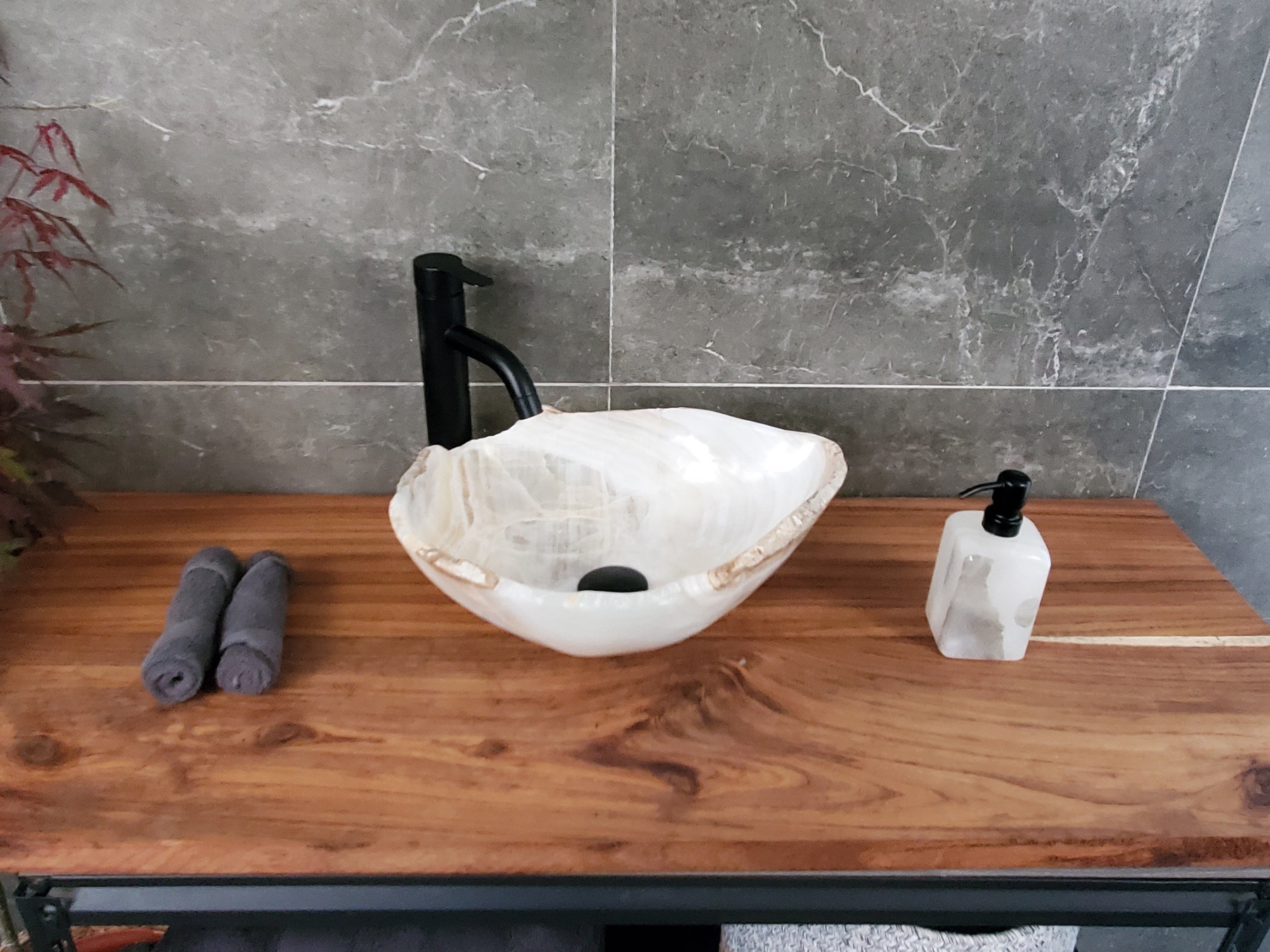 White Onyx Vessel Sink – Natural Stone Countertop Sink, Polished Vanity Basin, Luxury Spa Bathroom Decor 16x13 Inch S40_14