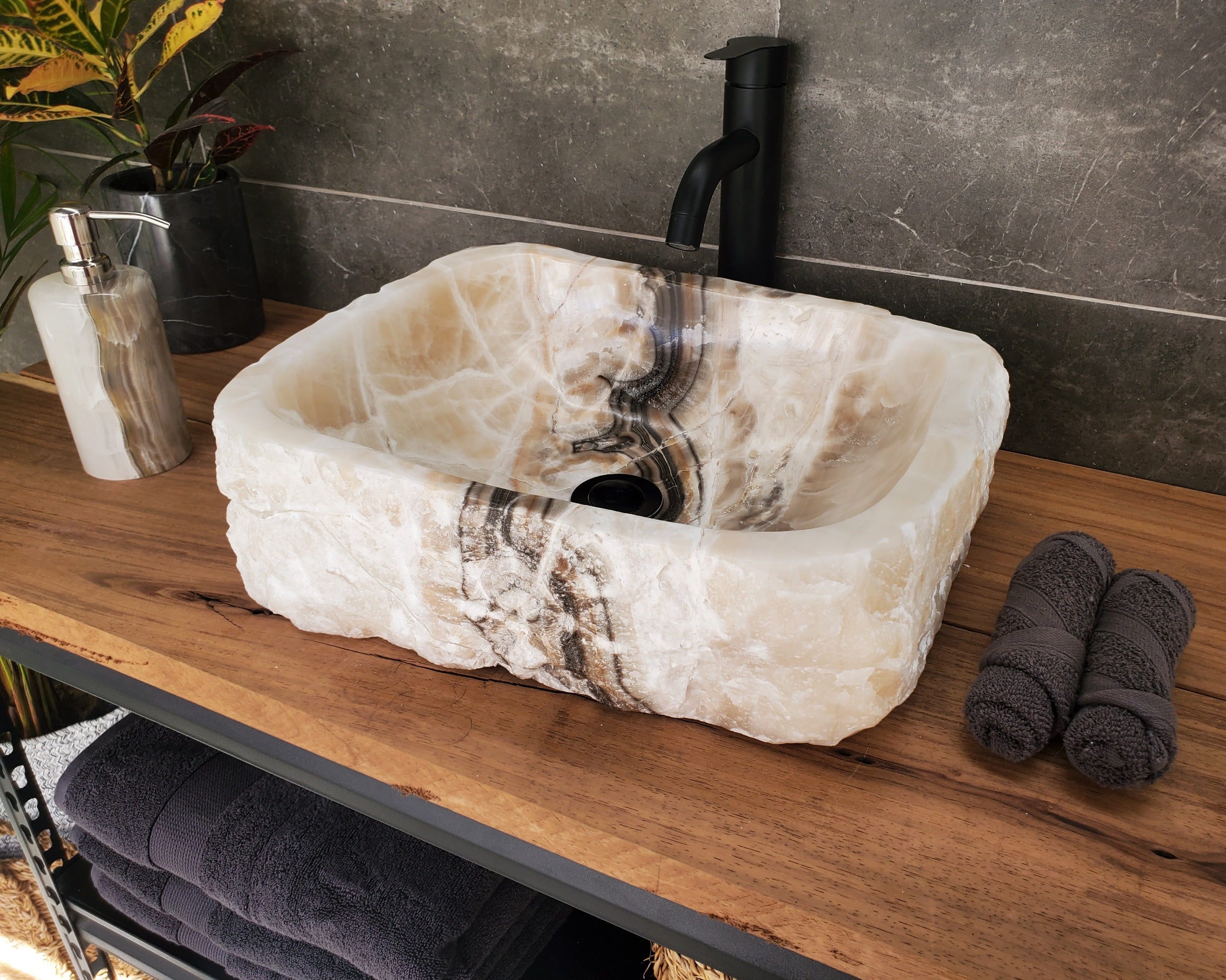 S33_08 Onyx Stone Vessel Bathroom Sink - 17 x 13.5 inch