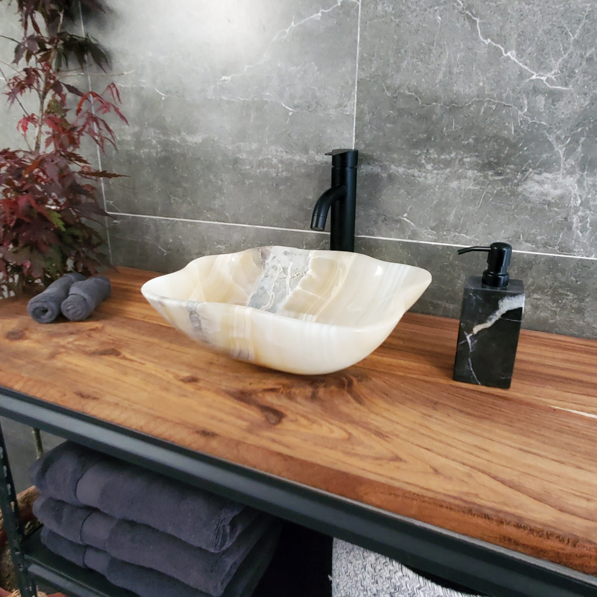 White Onyx Vessel Sink – Natural Stone Countertop Sink, Polished Vanity Basin, Luxury Spa Bathroom Decor 14.5x13.5 Inch S40_16
