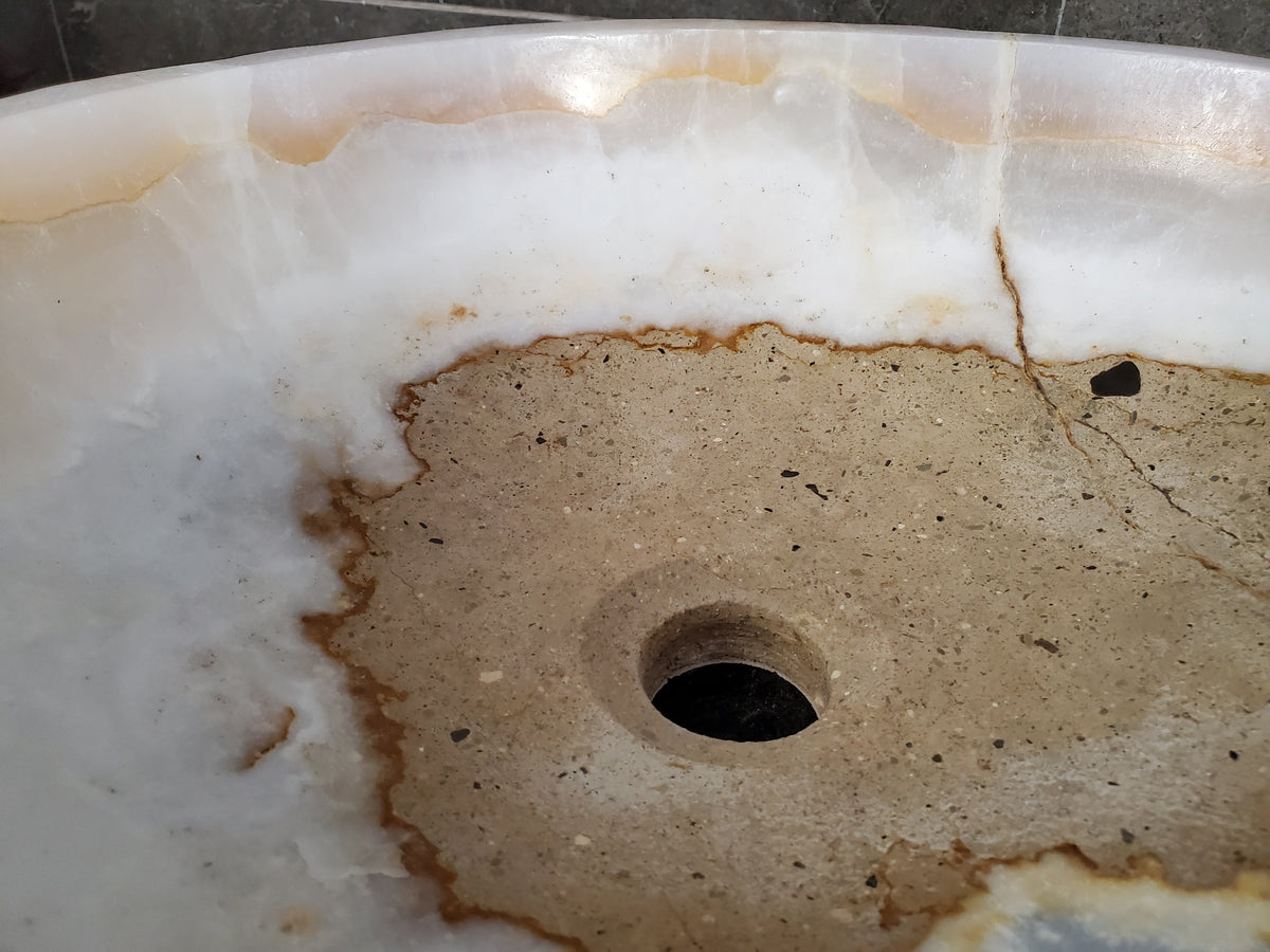 White Onyx Marble Vessel Sink, Natural Stone Vanity Basin, Polished Bathroom Countertop Sink, Spa Decor 16x16 Inch S40_07 Bathroom Sinks Featured Onyx Sinks Sinks