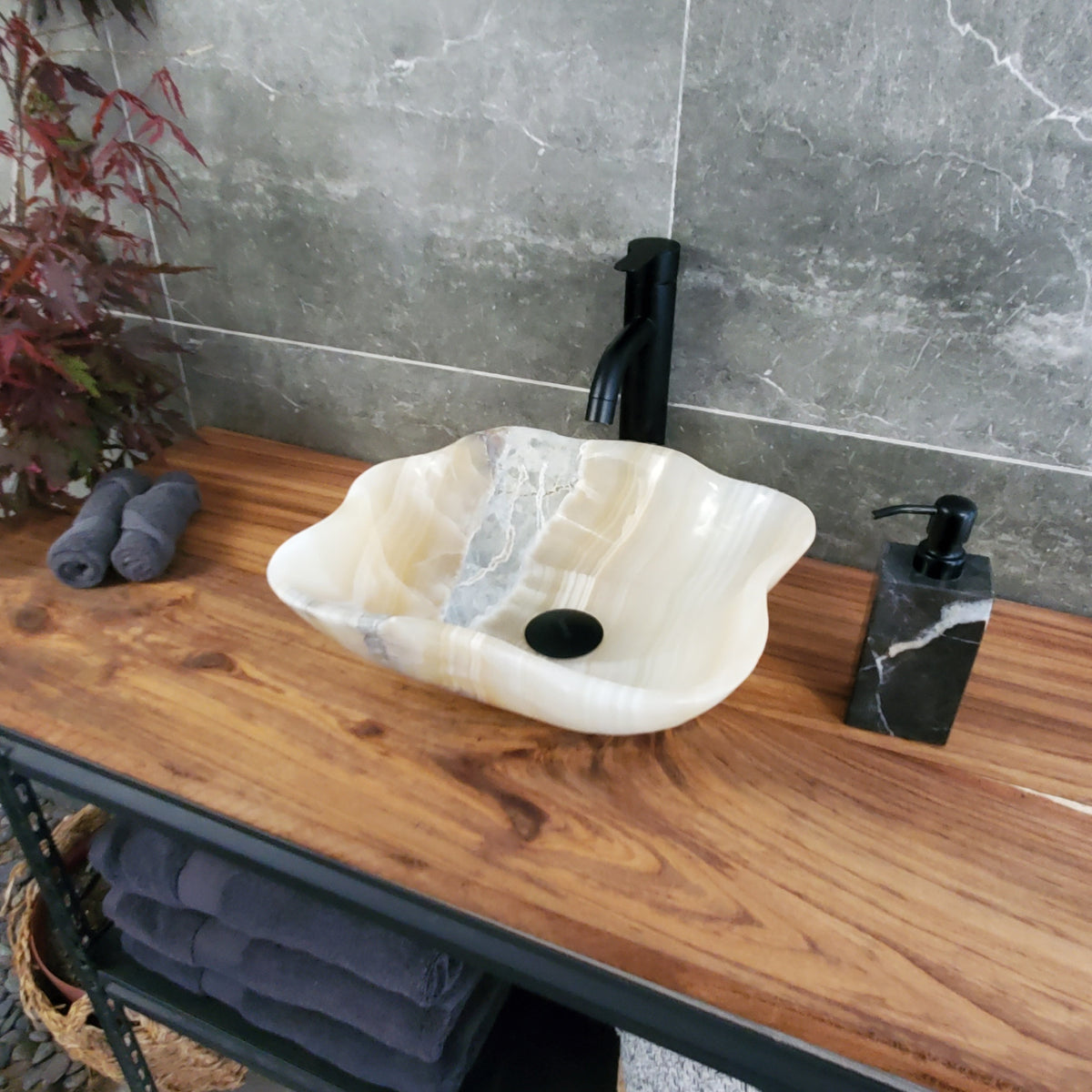 White Onyx Vessel Sink – Natural Stone Countertop Sink, Polished Vanity Basin, Luxury Spa Bathroom Decor 14.5x13.5 Inch S40_16