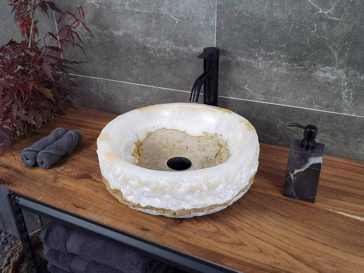 White Onyx Marble Vessel Sink – Round Natural Stone Countertop Sink, Polished Vanity Basin, Luxury Spa Bathroom Decor 16 Inch S40_06 Bathroom Sinks Featured Onyx Sinks Sinks