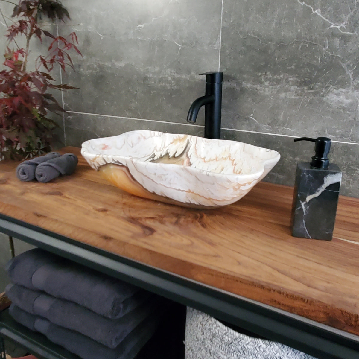 White Onyx Vessel Sink, 18x12 Inch Natural Stone Countertop Basin, Polished Luxury Vanity Sink, Spa Bathroom Decor S40_20