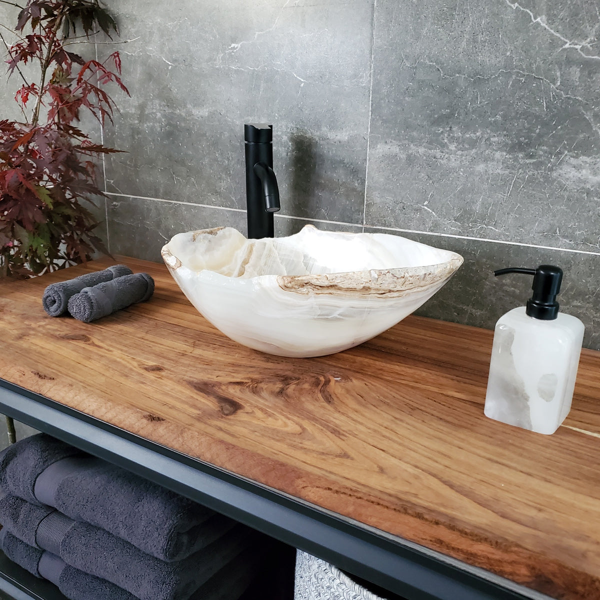 White Onyx Vessel Sink – Natural Stone Countertop Sink, Polished Vanity Basin, Luxury Spa Bathroom Decor 16x13 Inch S40_14