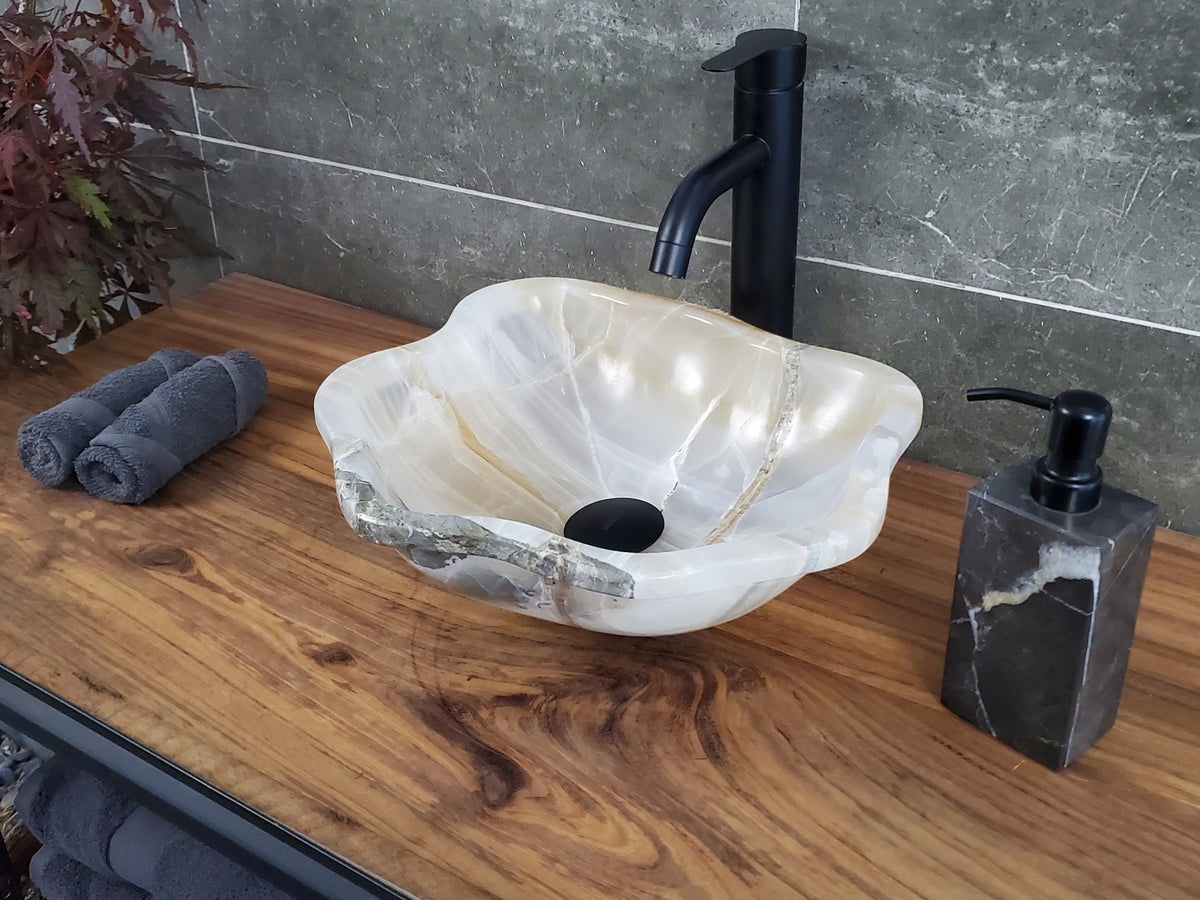 Cream White Onyx Vessel Sink, 14x13 Inch Natural Stone Countertop Basin, Polished Luxury Vanity Sink, Spa Bathroom Decor S40_23