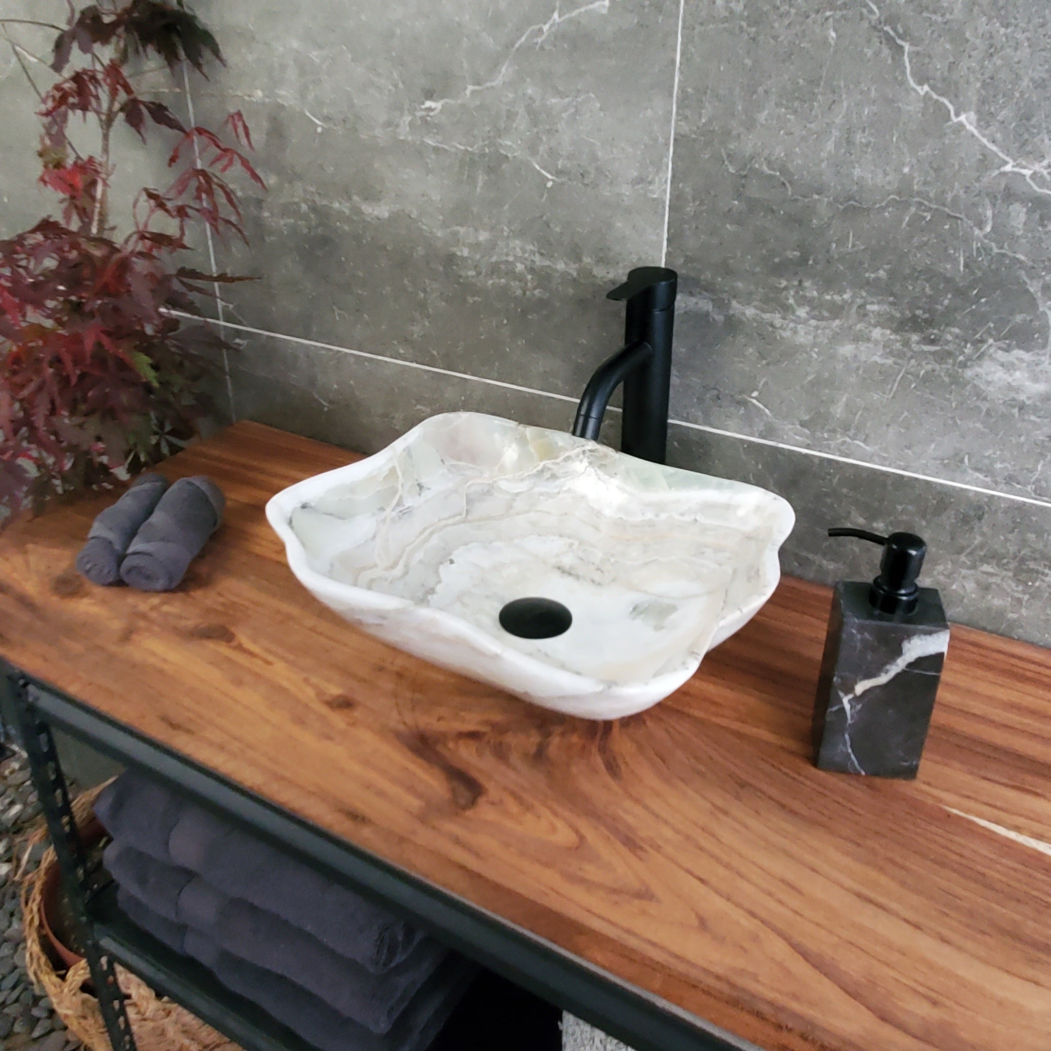 White Onyx Vessel Sink, Natural Stone Vanity Basin, Polished Bathroom Countertop Sink, Spa Decor 14x14 Inch S40_19