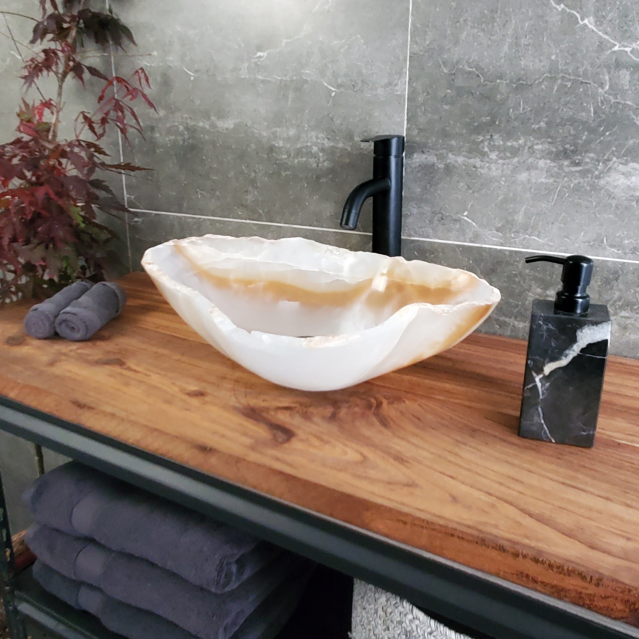 White Onyx Vessel Sink – Natural Stone Countertop Sink, Polished Vanity Basin, Luxury Spa Bathroom Decor 19x14.5 Inch S40_18