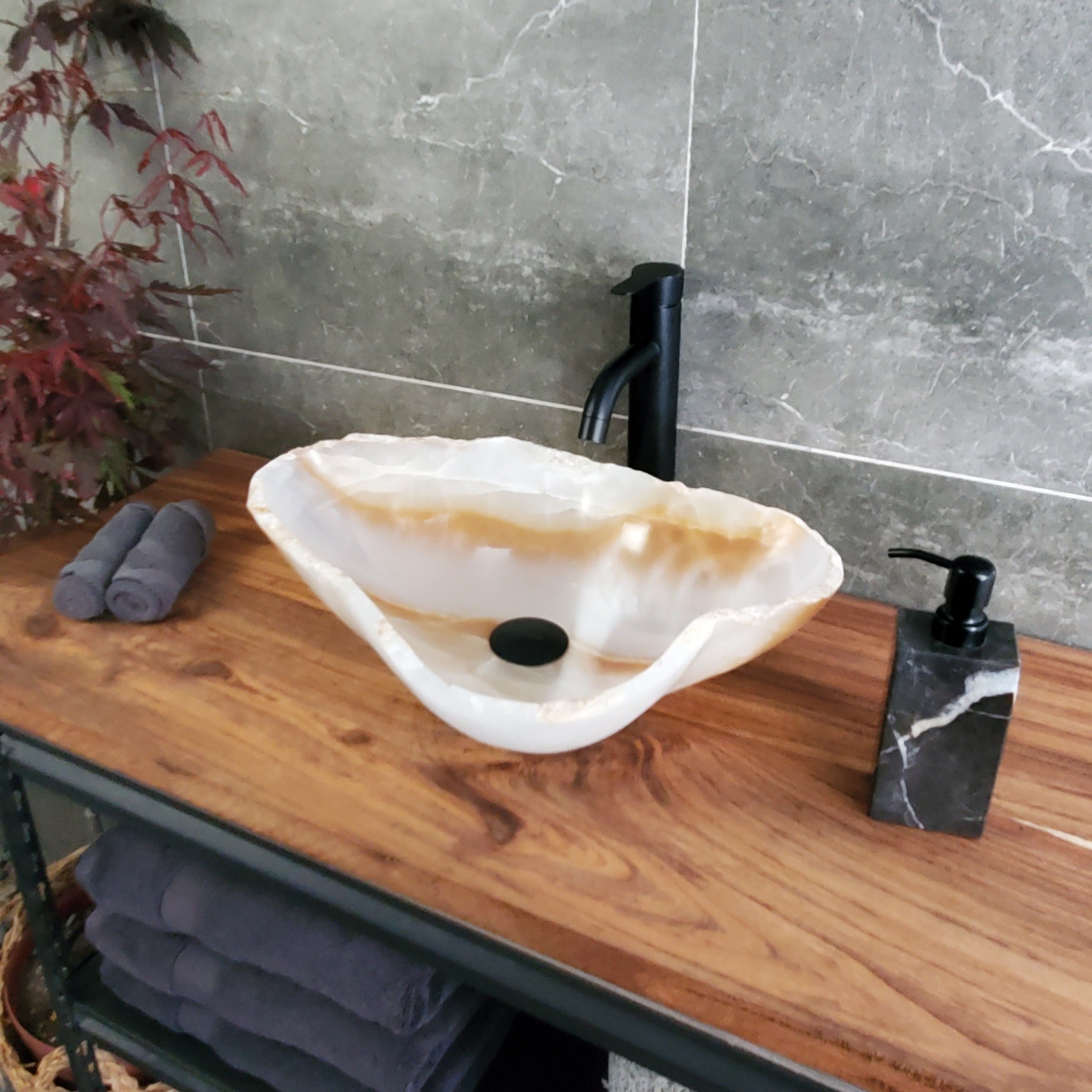 White Onyx Vessel Sink – Natural Stone Countertop Sink, Polished Vanity Basin, Luxury Spa Bathroom Decor 19x14.5 Inch S40_18