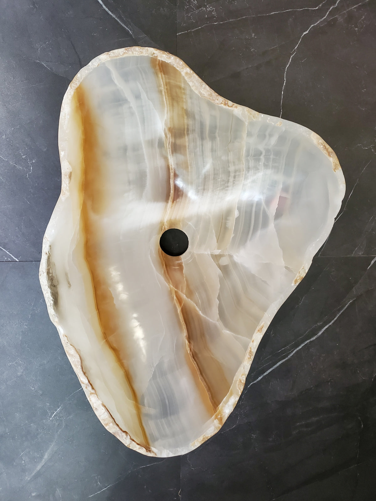 White Onyx Vessel Sink – Natural Stone Countertop Sink, Polished Vanity Basin, Luxury Spa Bathroom Decor 19x14.5 Inch S40_18