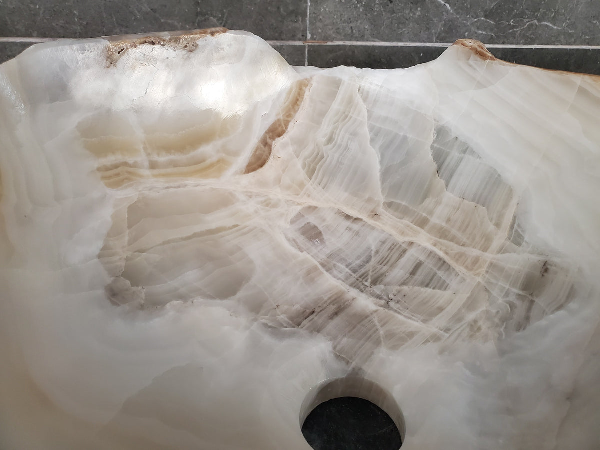 White Onyx Vessel Sink – Natural Stone Countertop Sink, Polished Vanity Basin, Luxury Spa Bathroom Decor 16x13 Inch S40_14