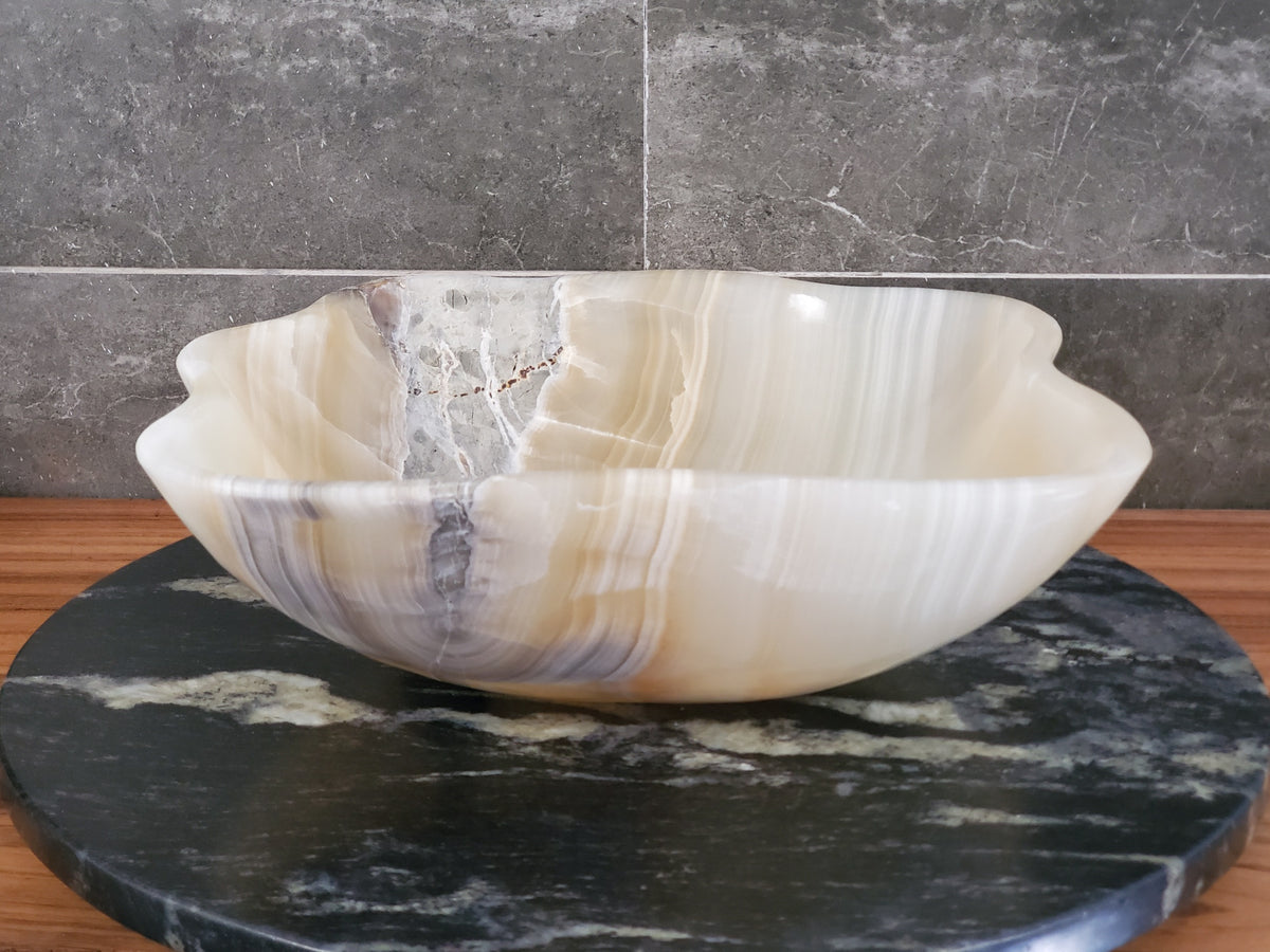 White Onyx Vessel Sink – Natural Stone Countertop Sink, Polished Vanity Basin, Luxury Spa Bathroom Decor 14.5x13.5 Inch S40_16