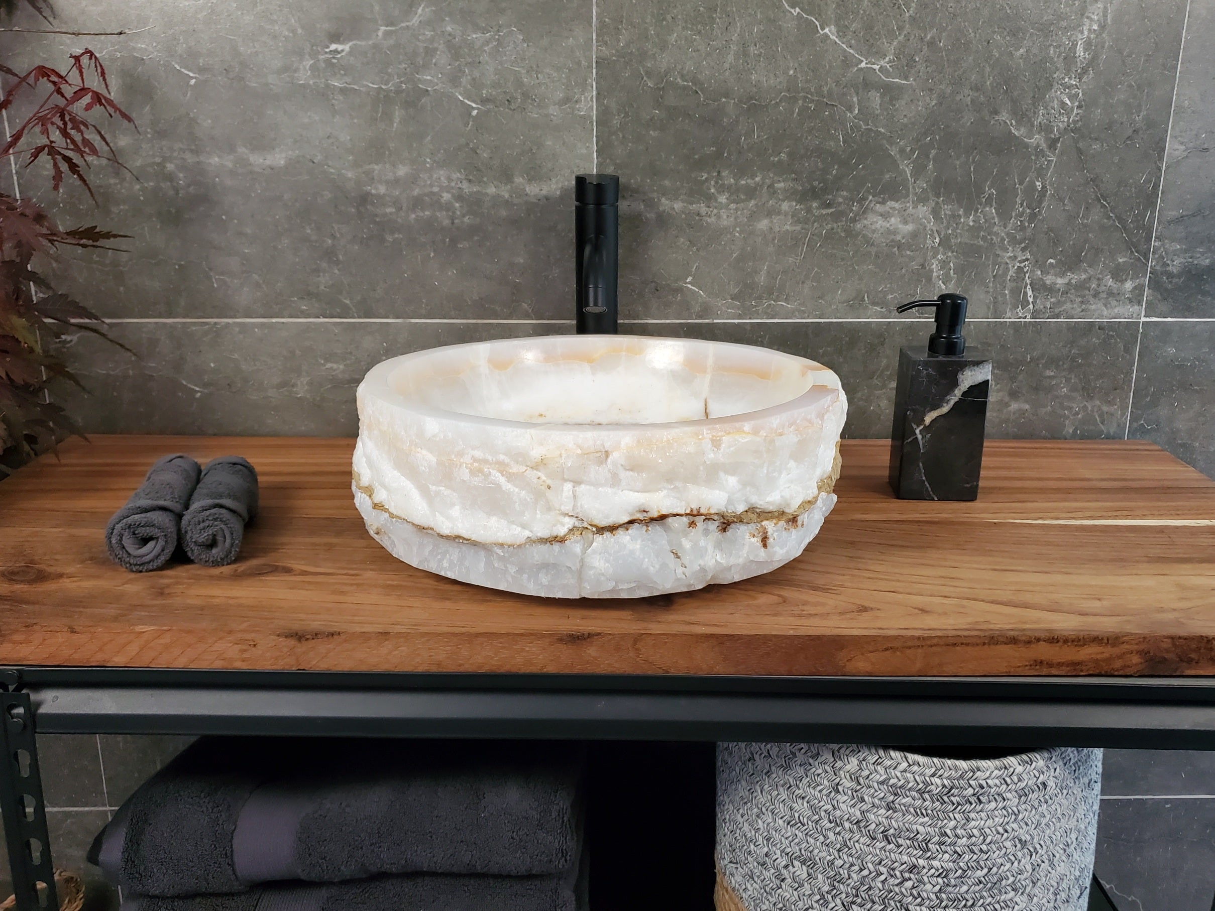 White Onyx Marble Vessel Sink, Natural Stone Vanity Basin, Polished Bathroom Countertop Sink, Spa Decor 16x16 Inch S40_07 Bathroom Sinks Featured Onyx Sinks Sinks