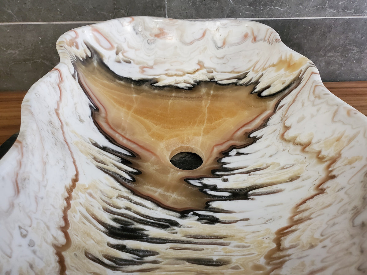 White Onyx Vessel Sink, 18x12 Inch Natural Stone Countertop Basin, Polished Luxury Vanity Sink, Spa Bathroom Decor S40_20