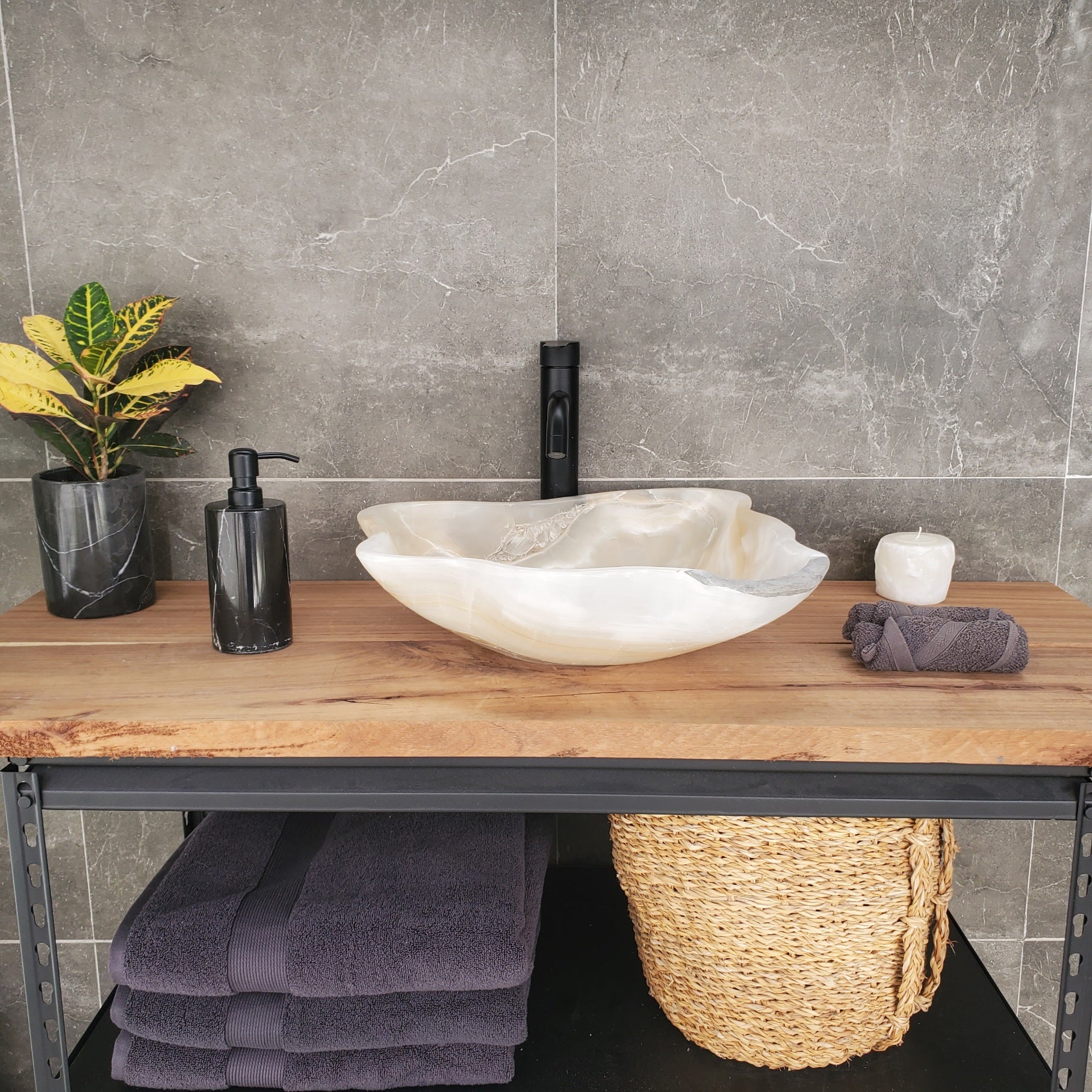 S33_23 White Onyx Bathroom Vessel Sink - 17 x 16 inch