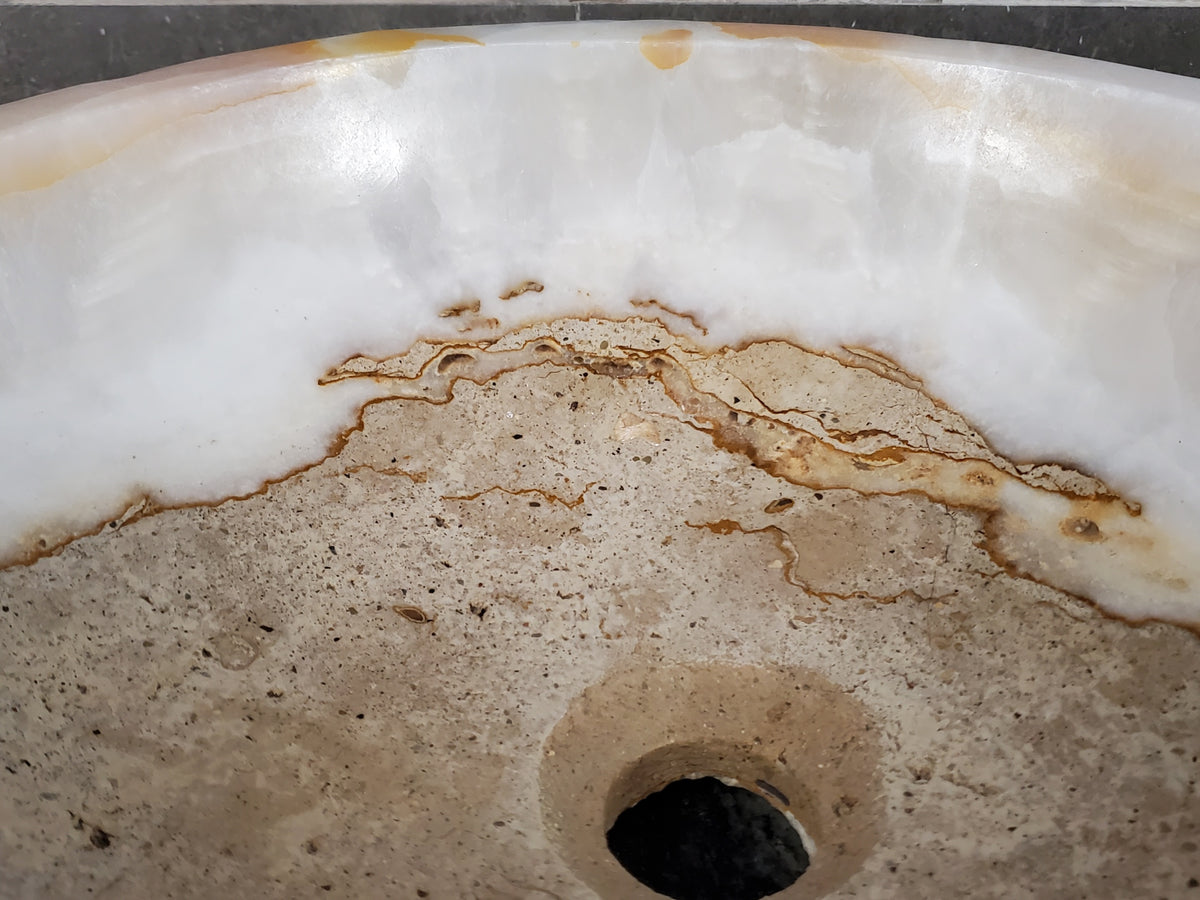 White Onyx Marble Vessel Sink – Round Natural Stone Countertop Sink, Polished Vanity Basin, Luxury Spa Bathroom Decor 16 Inch S40_06 Bathroom Sinks Featured Onyx Sinks Sinks