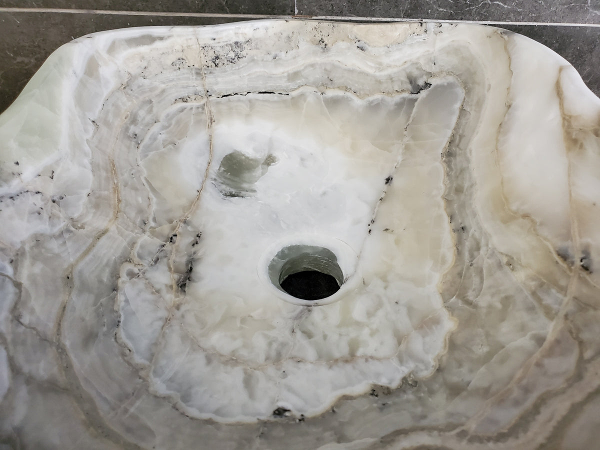 White Onyx Vessel Sink, Natural Stone Vanity Basin, Polished Bathroom Countertop Sink, Spa Decor 14x14 Inch S40_19