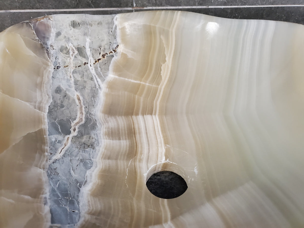White Onyx Vessel Sink – Natural Stone Countertop Sink, Polished Vanity Basin, Luxury Spa Bathroom Decor 14.5x13.5 Inch S40_16