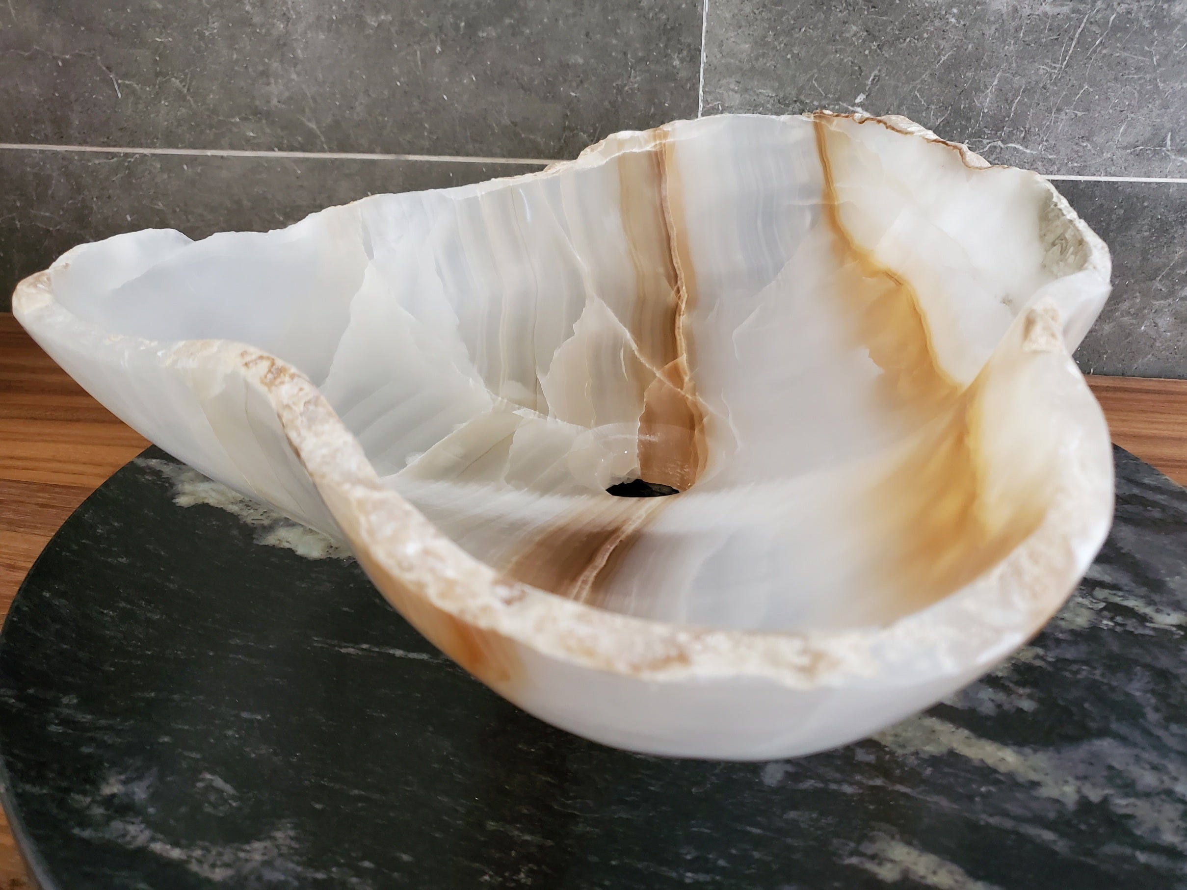 White Onyx Vessel Sink – Natural Stone Countertop Sink, Polished Vanity Basin, Luxury Spa Bathroom Decor 19x14.5 Inch S40_18