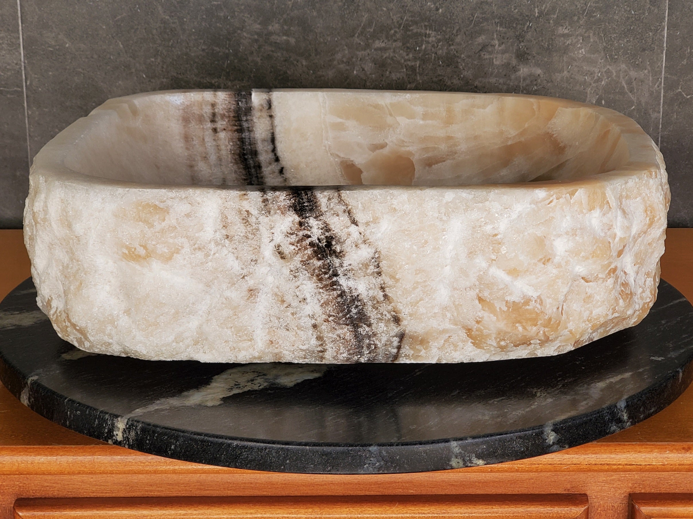 S37_17 Cream Onyx Vessel Sink – Rectangular Natural Stone Countertop Bathroom Sink 16.5 x 13.5 Inch Bathroom Sinks Featured Onyx Sinks Sinks