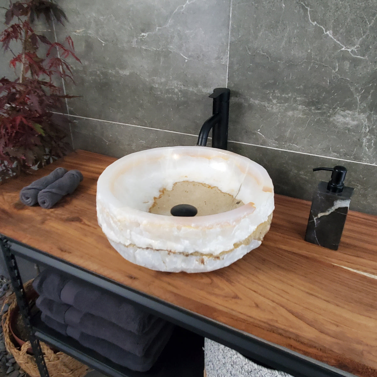 White Onyx Marble Vessel Sink, Natural Stone Vanity Basin, Polished Bathroom Countertop Sink, Spa Decor 16x16 Inch S40_07 Bathroom Sinks Featured Onyx Sinks Sinks