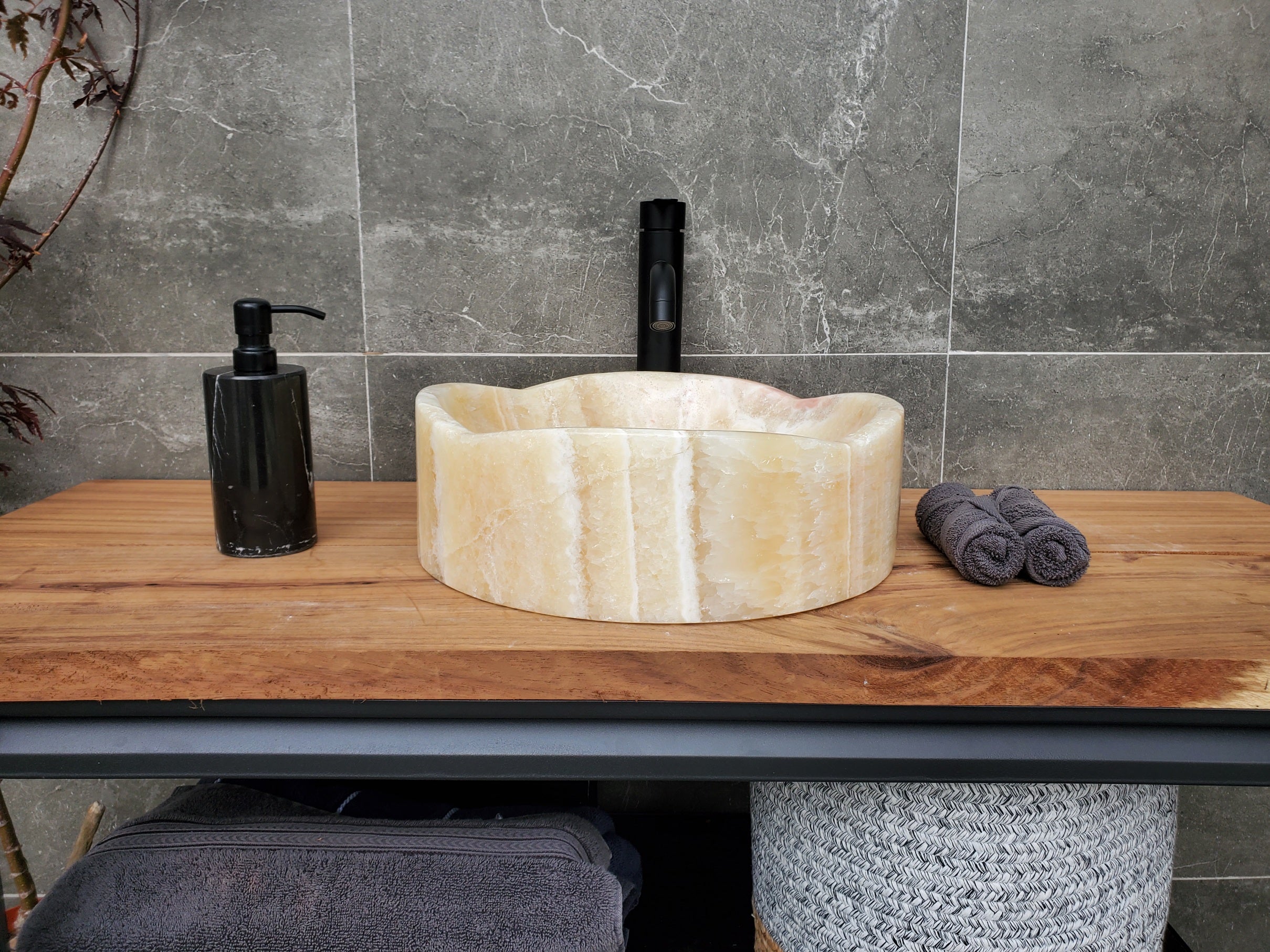 S29_12 Onyx Stone Vessel Bathroom Sink - Round