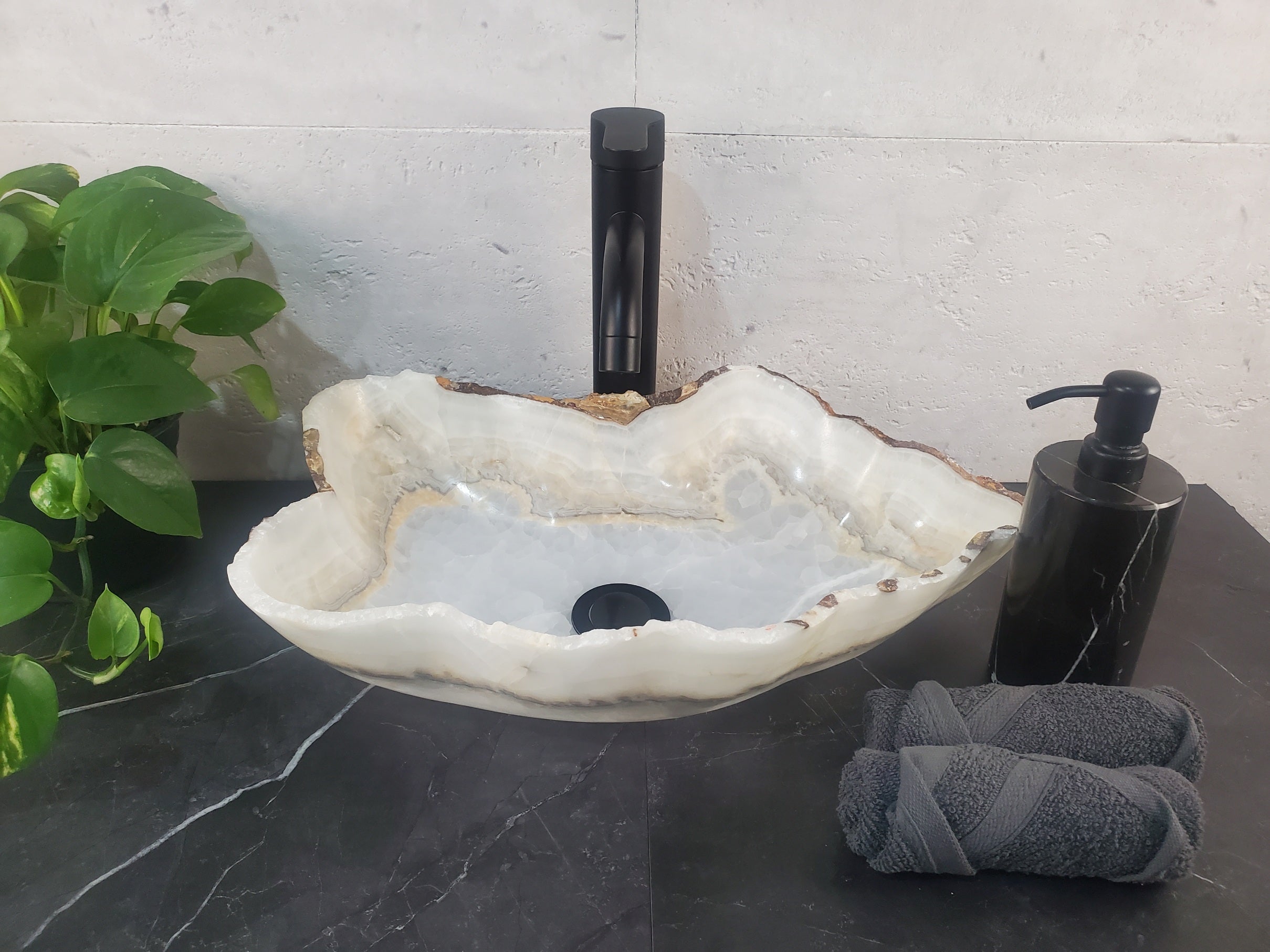 S27_03 White Onyx Stone Bathroom Vessel Sink - 18 x 10.5 inch
