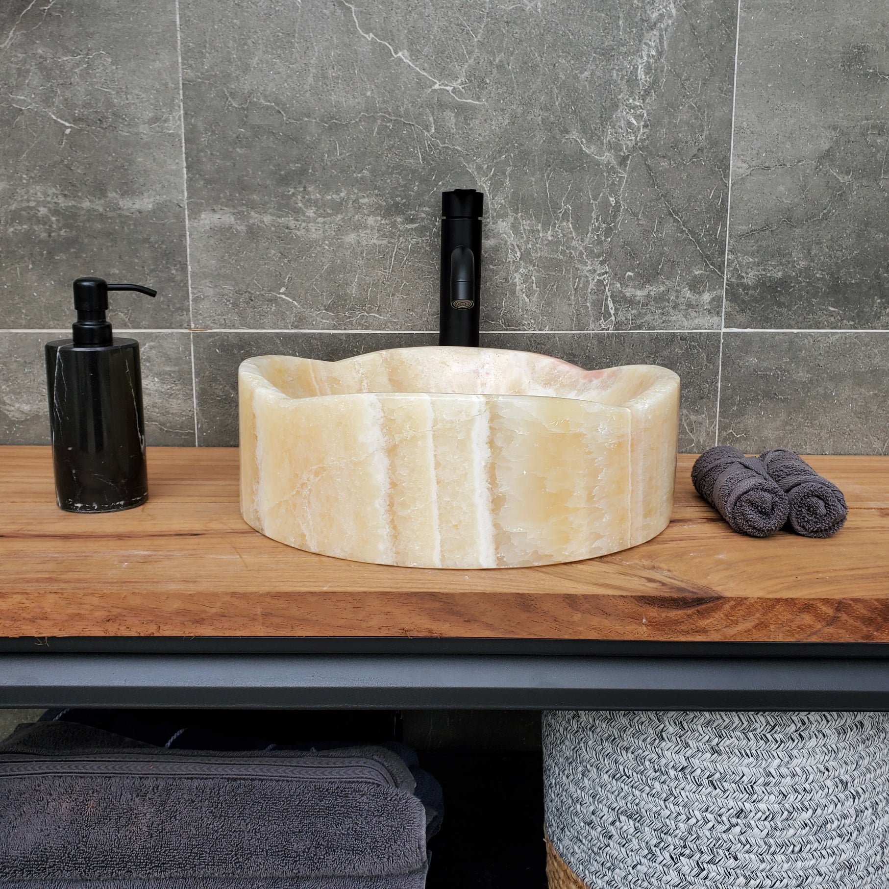 S29_12 Onyx Stone Vessel Bathroom Sink - 15 inch