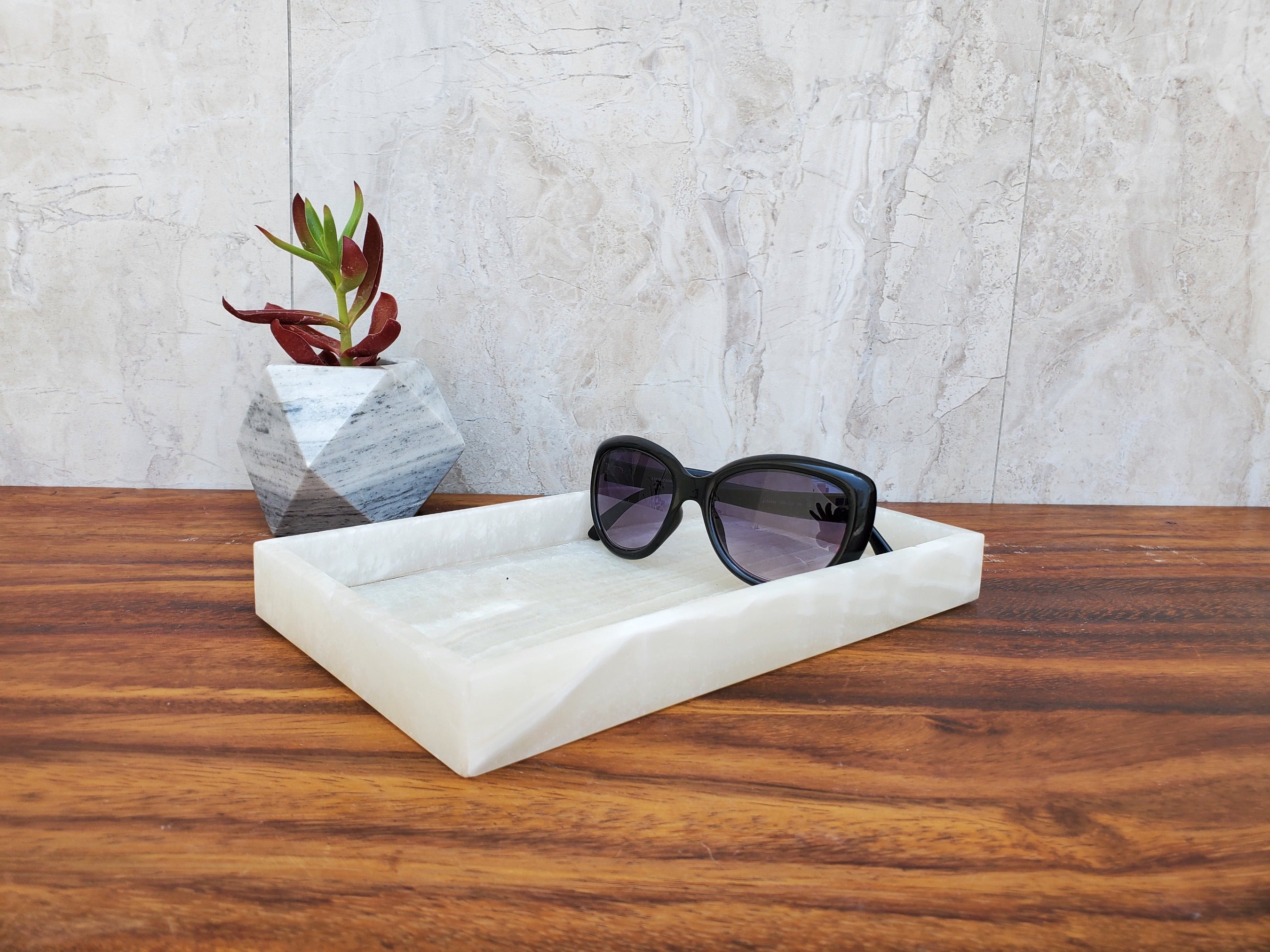 White and Transparent Onyx Stone Tray, Jewlery Organizer Accessories Bath Home