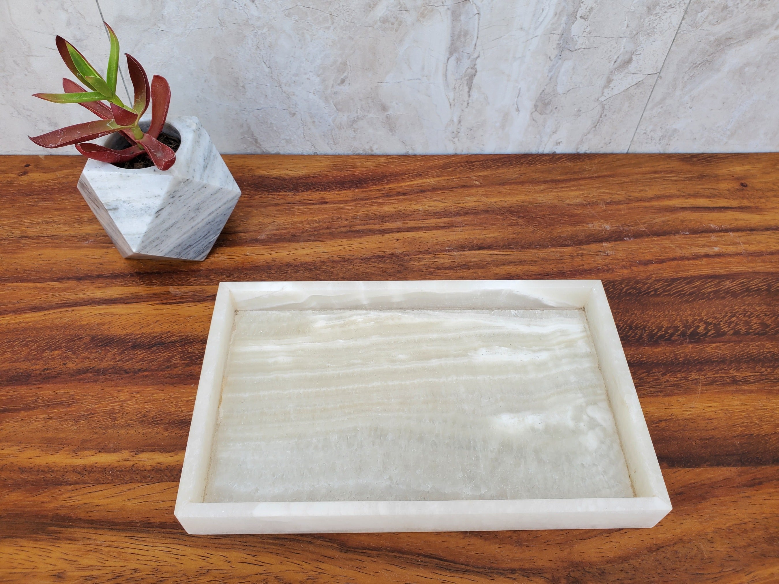 White and Transparent Onyx Stone Tray, Jewlery Organizer Accessories Bath Home