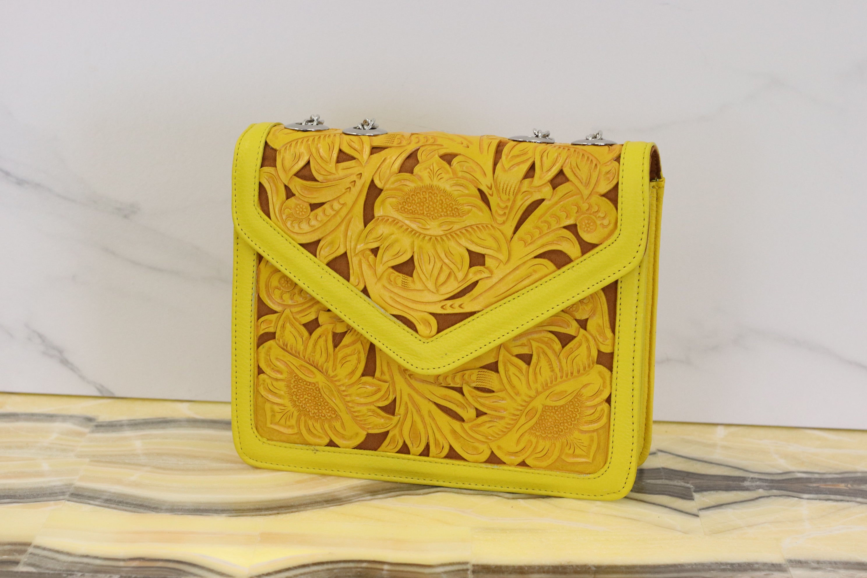 Yellow Hand Tooled Mexican Leather Purse with Floral Design Purse Fashion