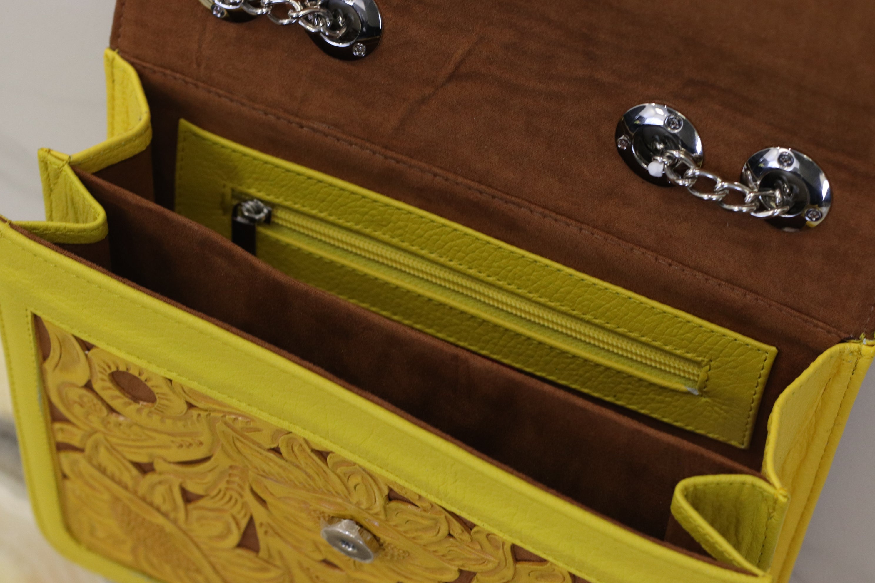 Yellow Hand Tooled Mexican Leather Purse with Floral Design Purse Fashion