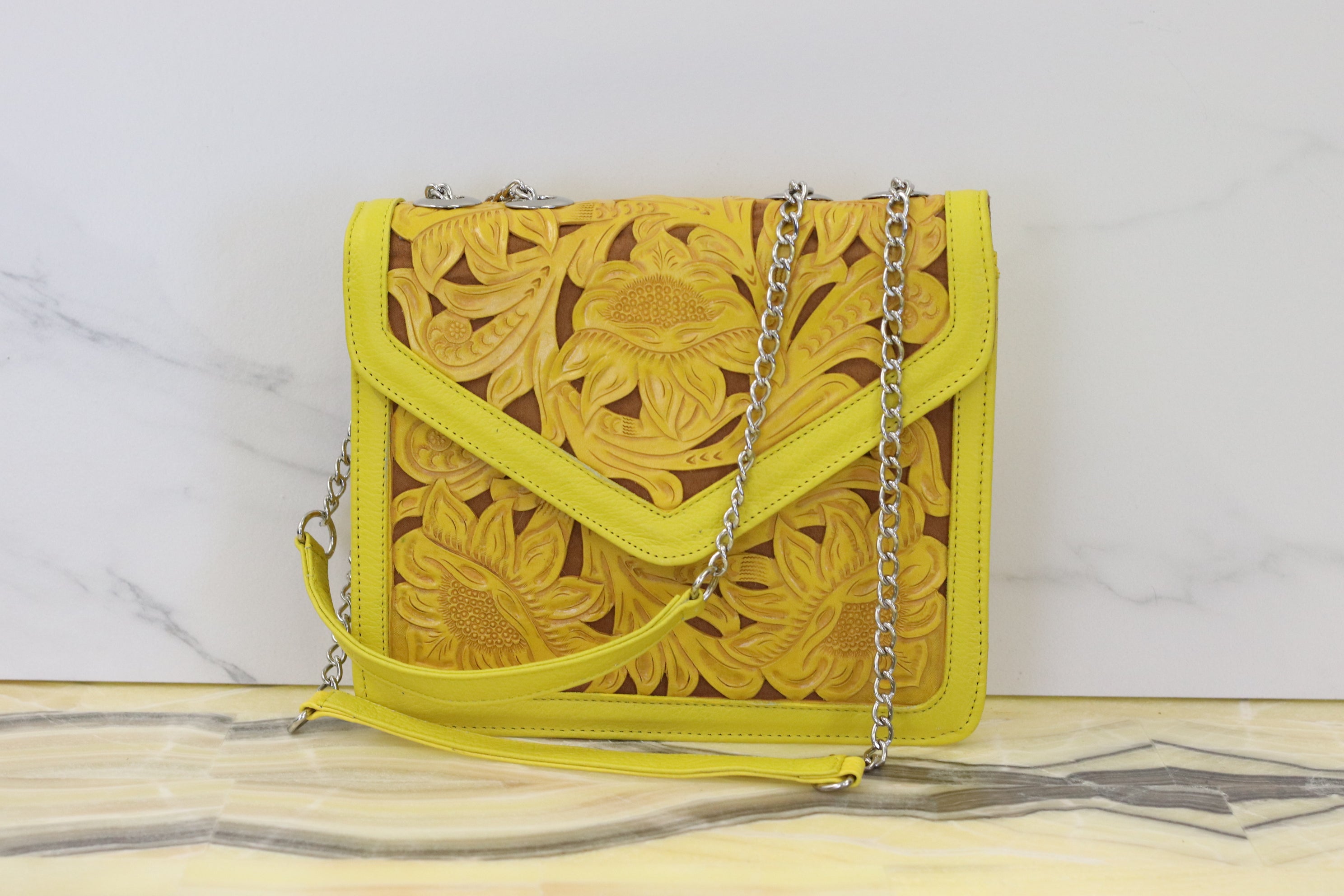 Yellow Hand Tooled Mexican Leather Purse with Floral Design Purse Fashion