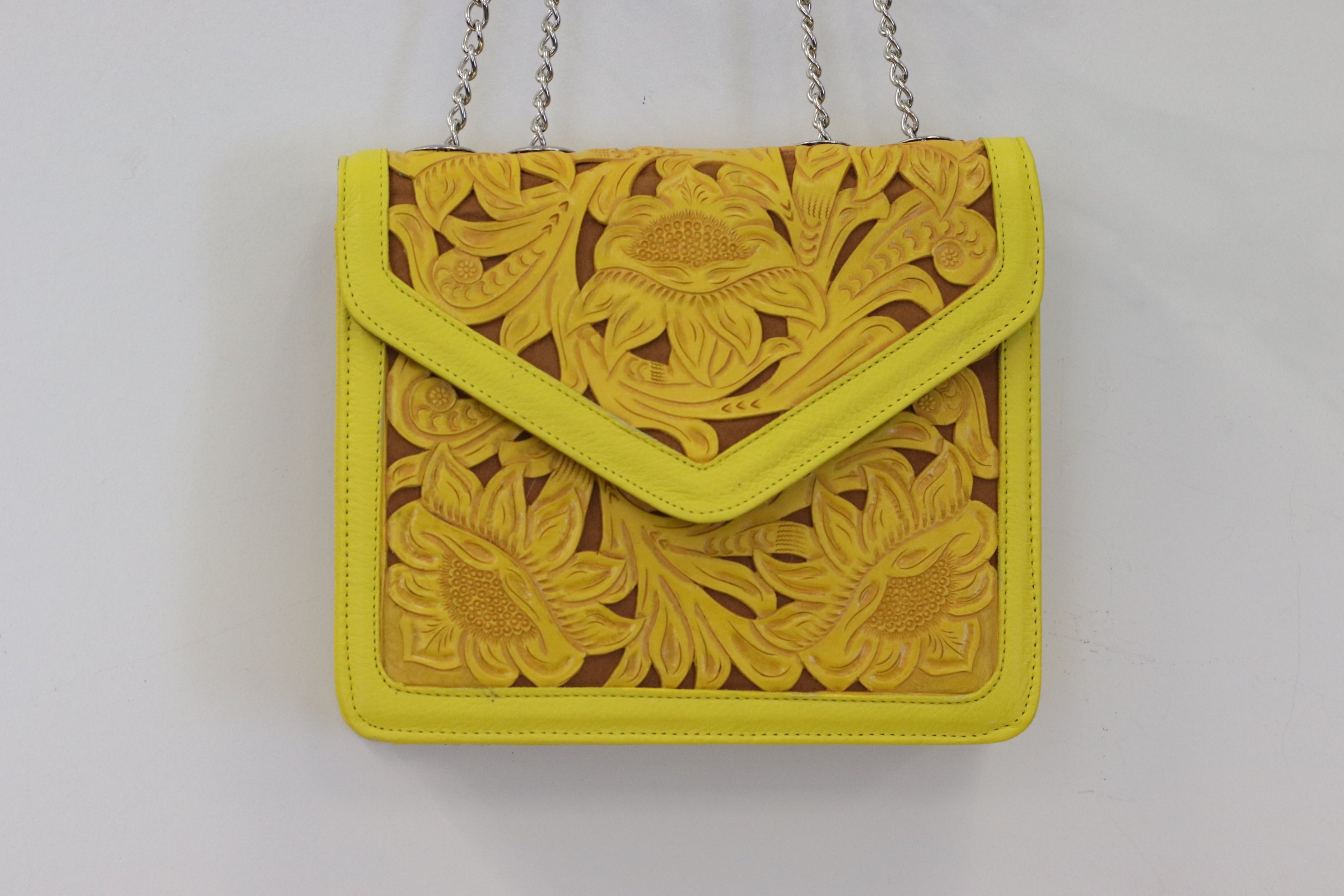 Yellow Hand Tooled Mexican Leather Purse with Floral Design Purse Fashion