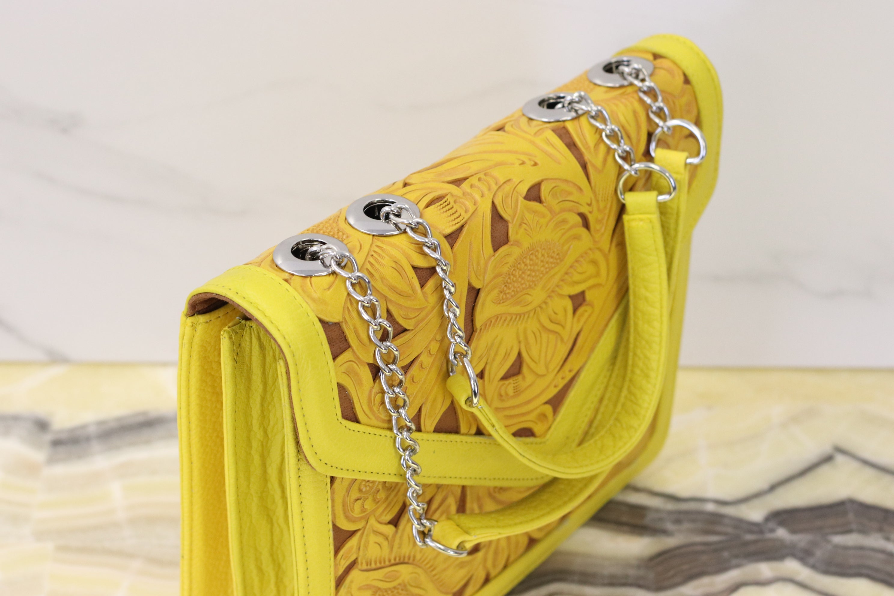 Yellow Hand Tooled Mexican Leather Purse with Floral Design Purse Fashion